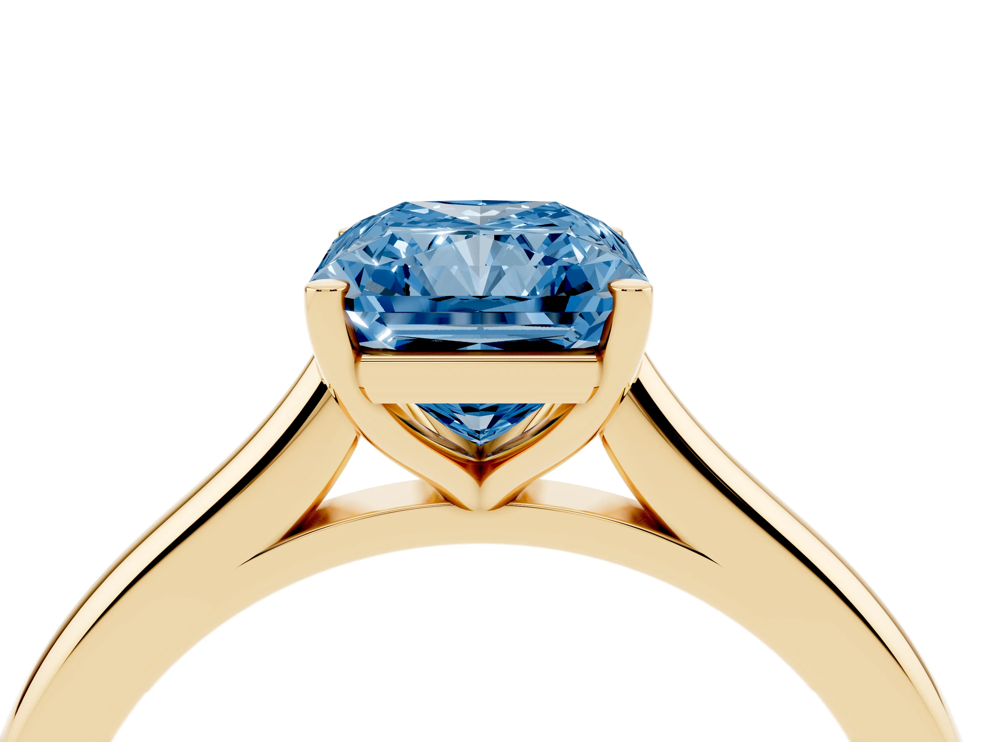 Fancy Blue Radiant Cut Diamond Solitaire Ring Set in Yellow gold with Cathedral Band and Prong Setting