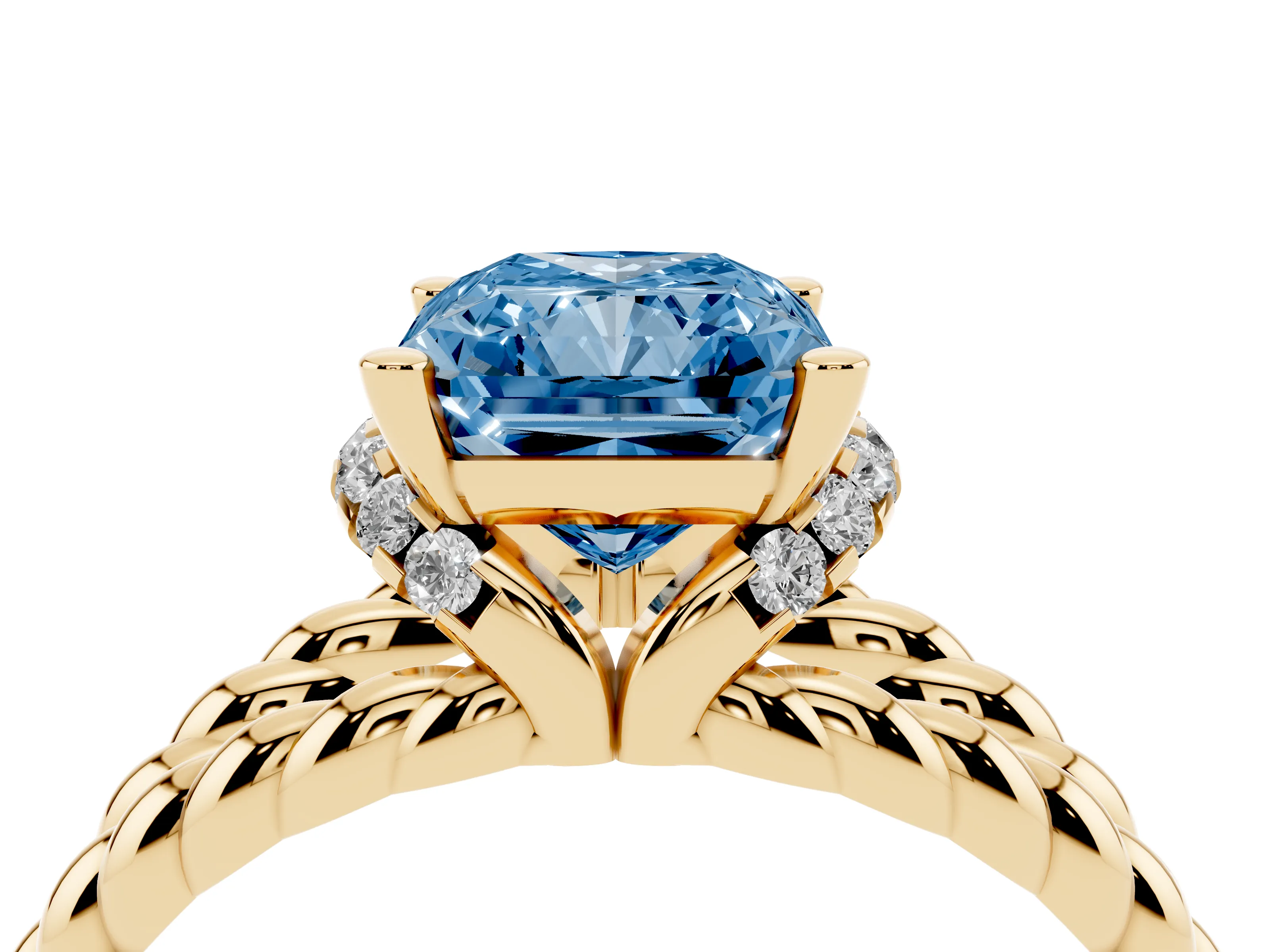 Fancy Blue Radiant Cut Diamond Halo Ring Set in Yellow gold with Twisted Band and Prong Setting