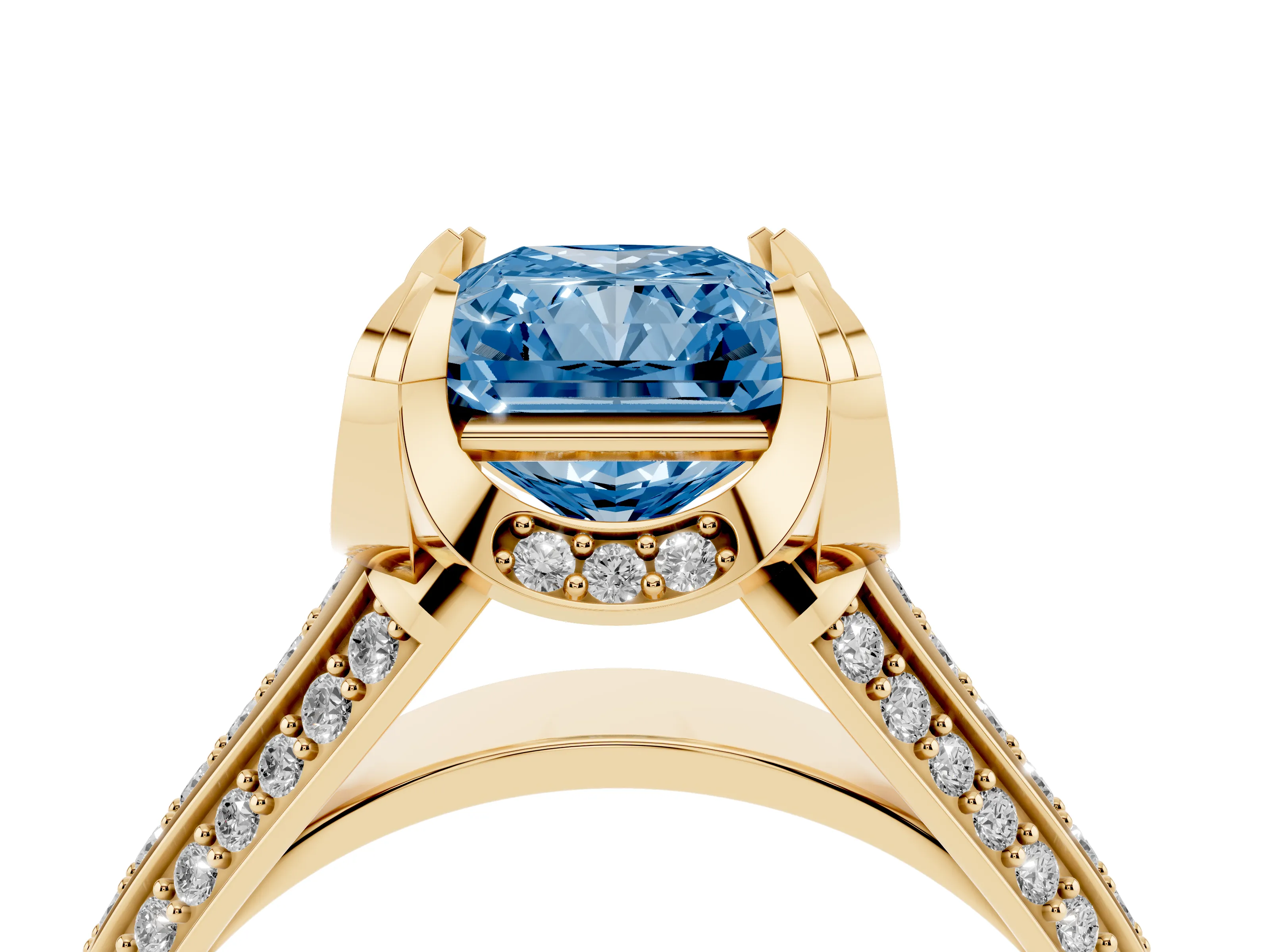 Fancy Blue Radiant Cut Diamond Pavé Split Shank Solitaire Ring Set in Yellow gold with Prong Setting