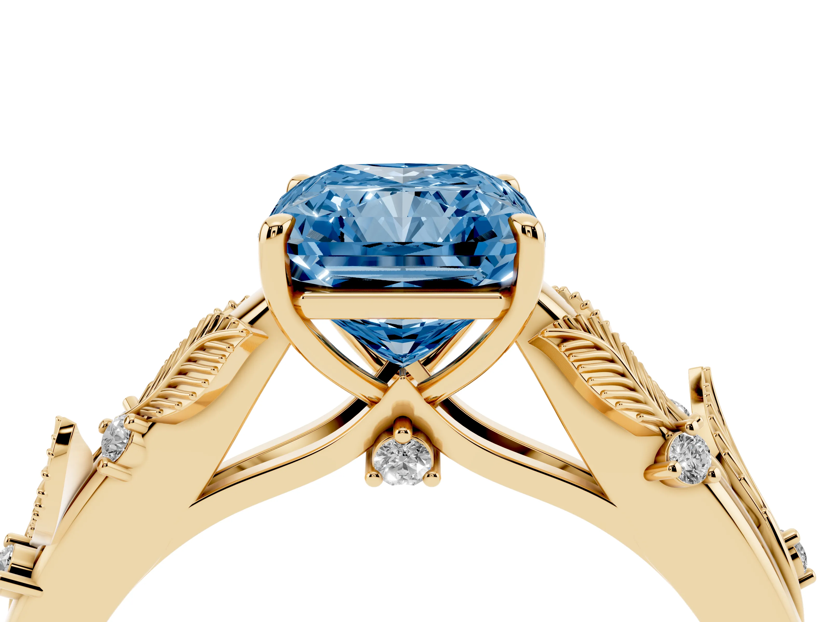 Fancy Blue Radiant Cut Diamond Solitaire Ring Set in Yellow gold with Leaf Motif Band
