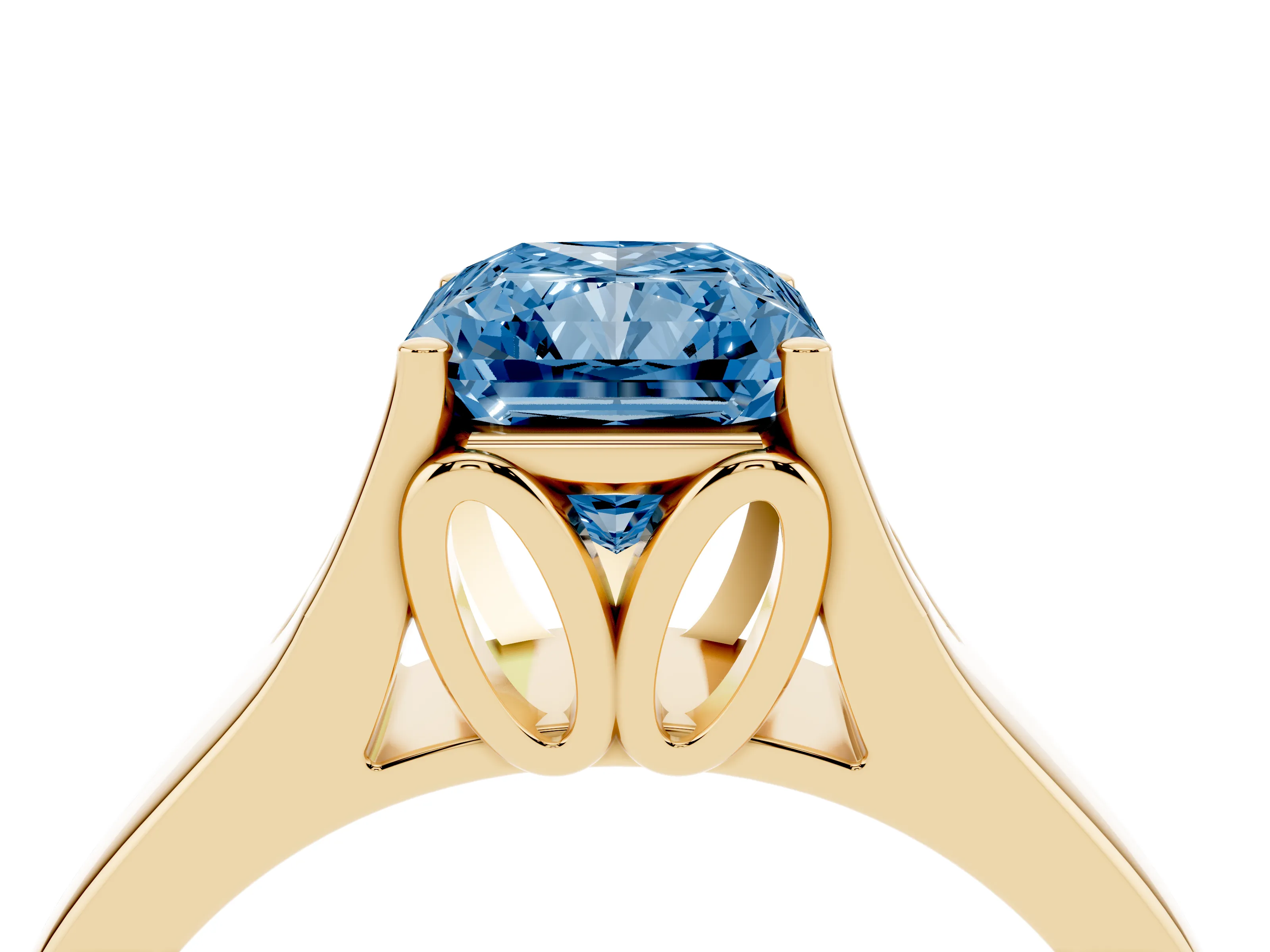 Fancy Blue Radiant Cut Diamond Solitaire Ring Set in Yellow gold with Arched Cathedral Band and Prong Setting