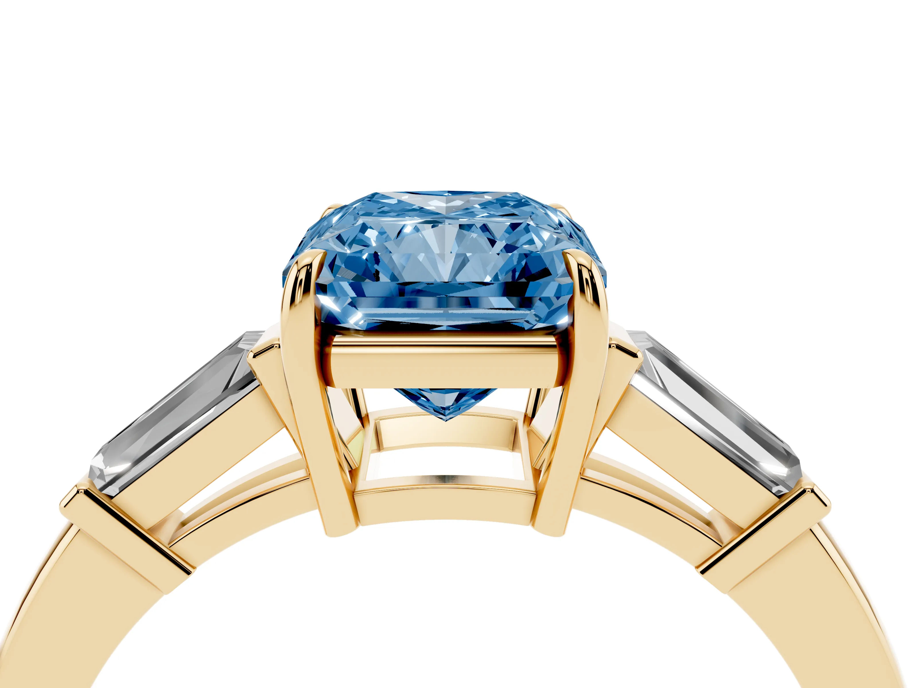 Fancy Blue Radiant Cut Diamond Three-Stone Ring Set in Yellow gold with Tapered Baguette Side Stones and Prong Setting