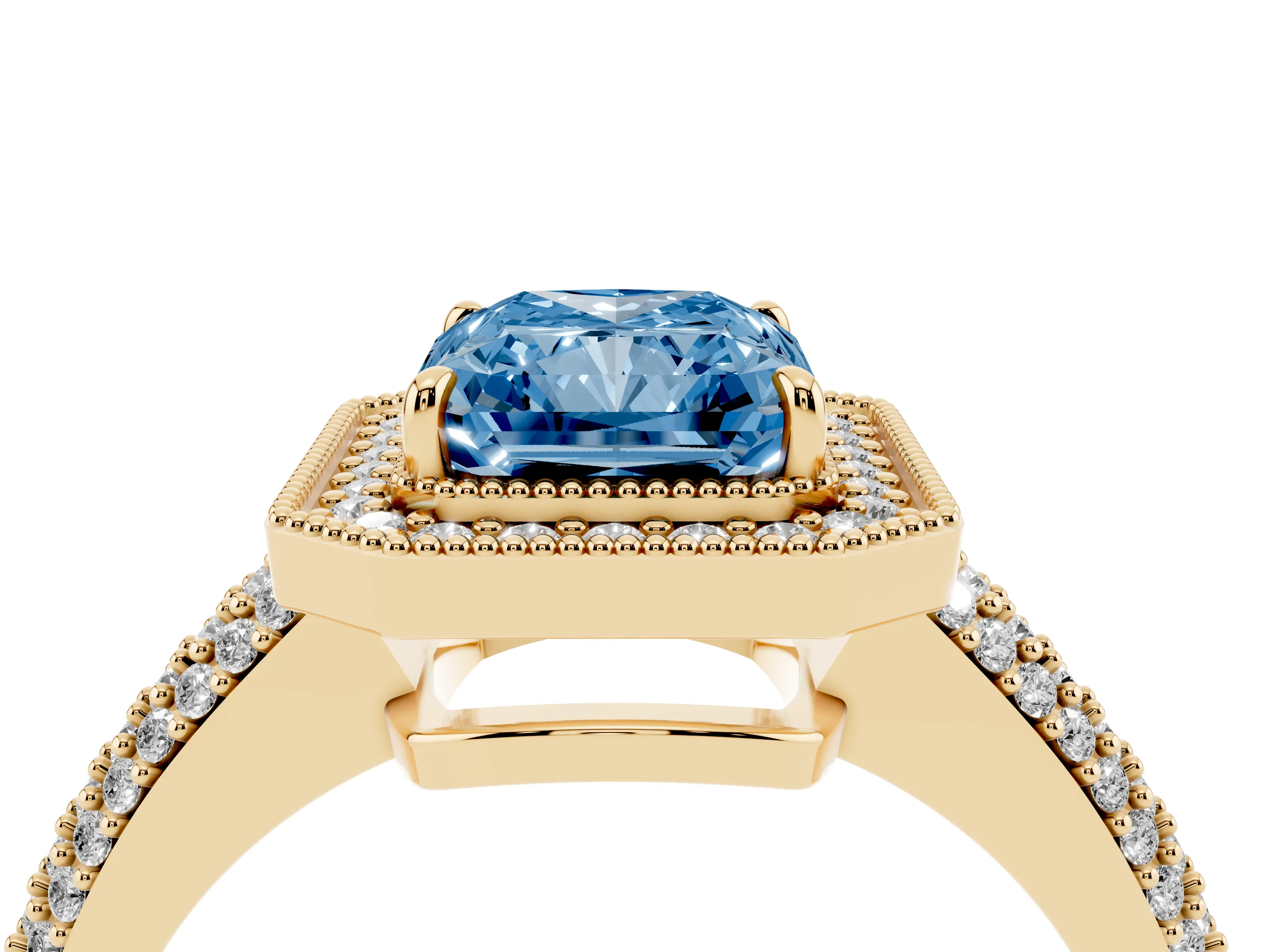 Fancy Blue Radiant Cut Diamond Halo Pavé Band Set in Yellow gold with Prong Setting