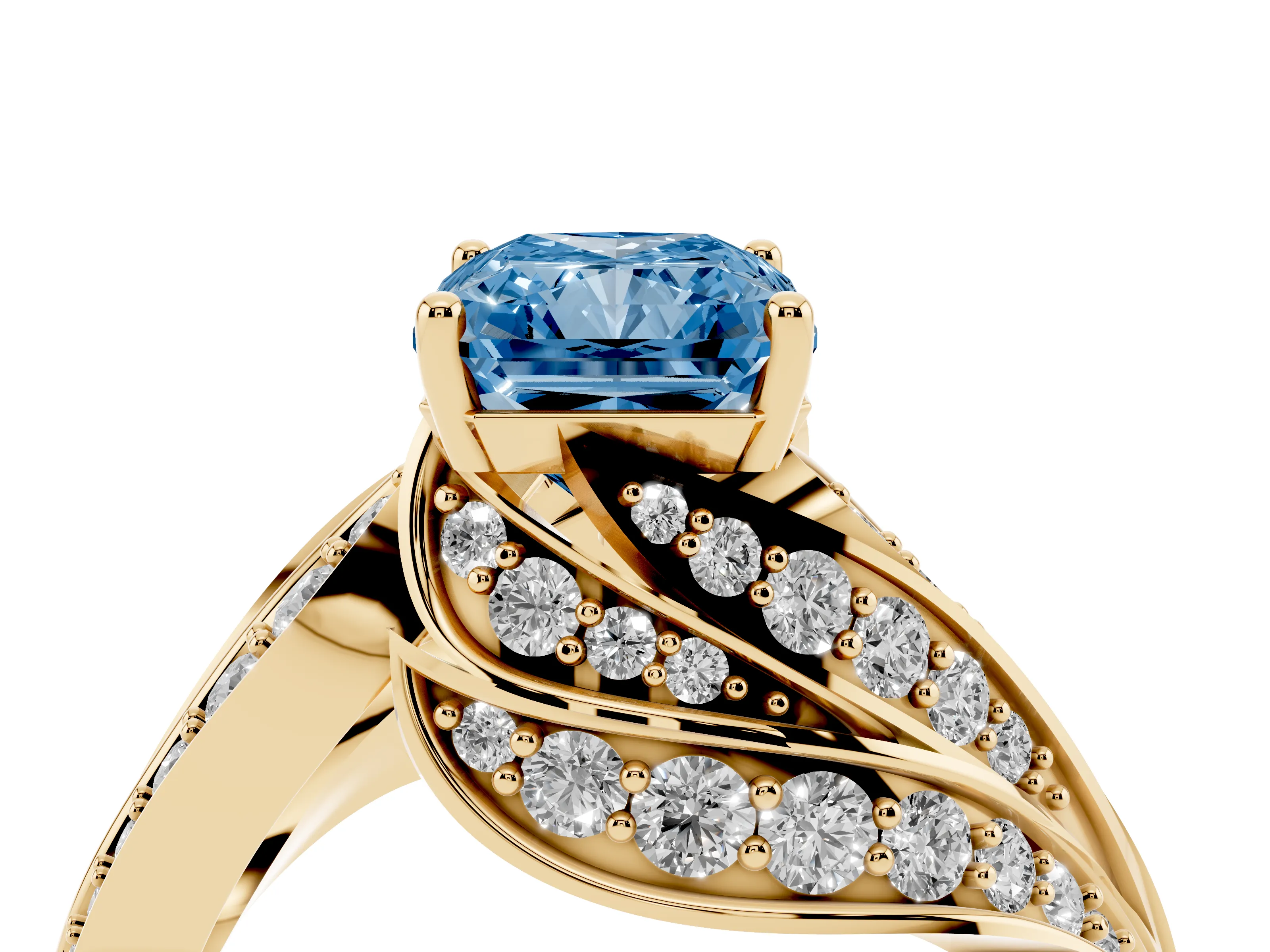 Fancy Blue Radiant Cut Diamond Solitaire Ring Set in Yellow gold with Layered Twist Pavé Band