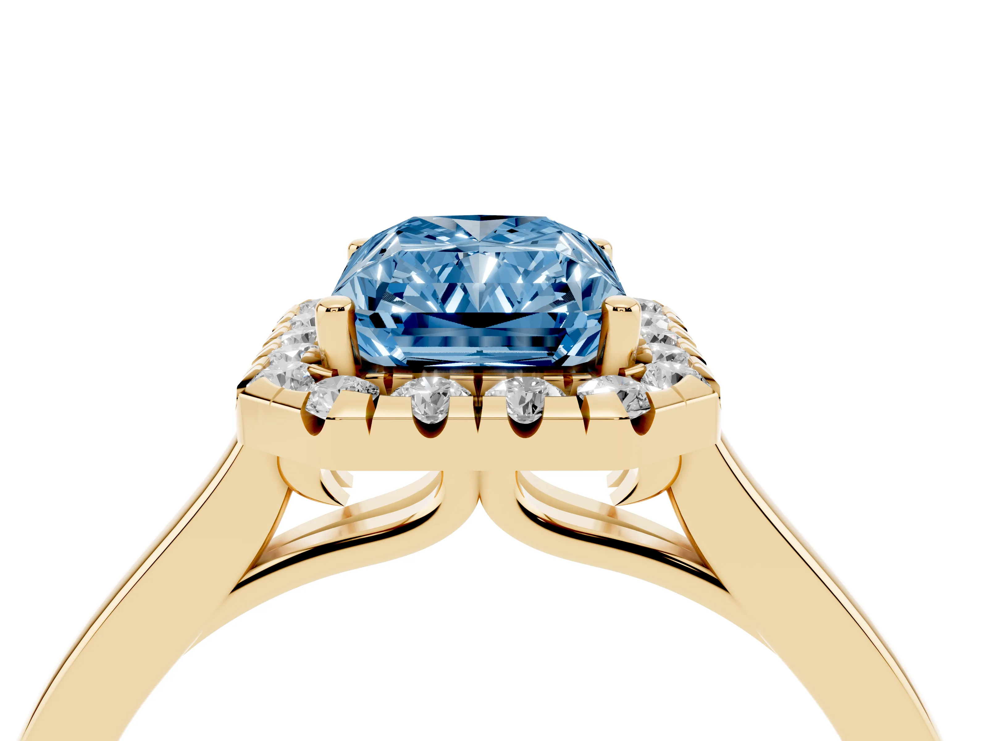 Fancy Blue Radiant Cut Halo Round Diamond Solitaire Ring Set in Yellow gold with Pavé Band and Prong Setting