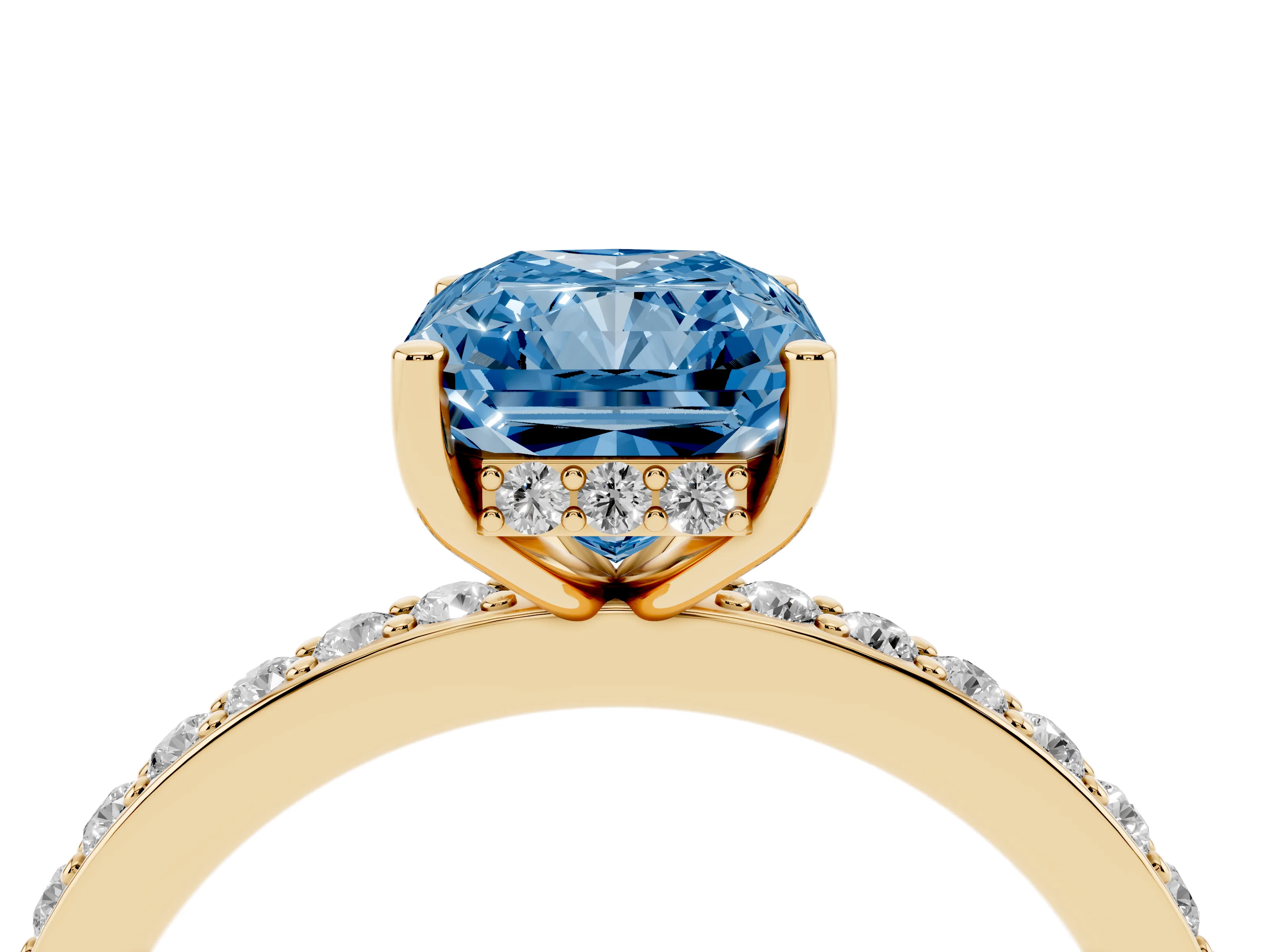 Fancy Blue Radiant Cut Diamond Pavé Band Ring Set in Yellow gold with Prong-Set Center Stone
