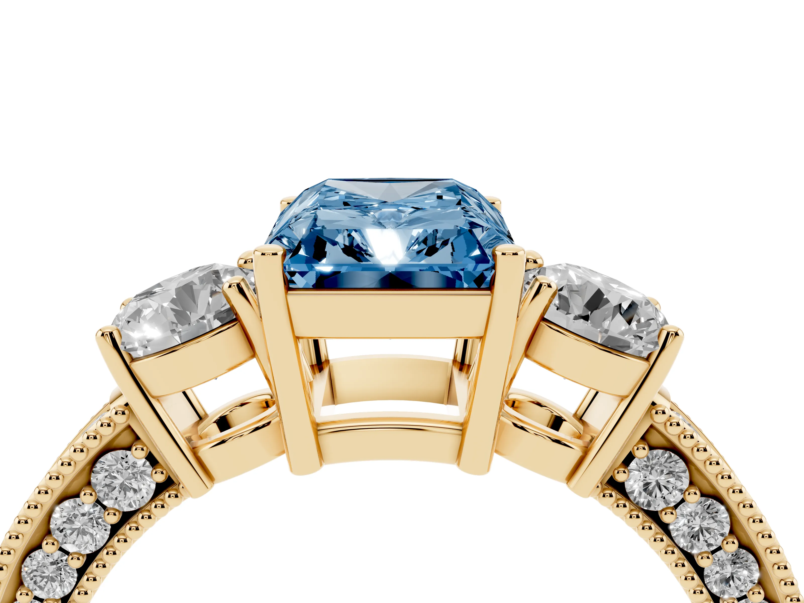 Fancy Blue Radiant Cut Diamond Three-Stone Ring Set in Yellow gold with Round Side Stones and Pavé Band