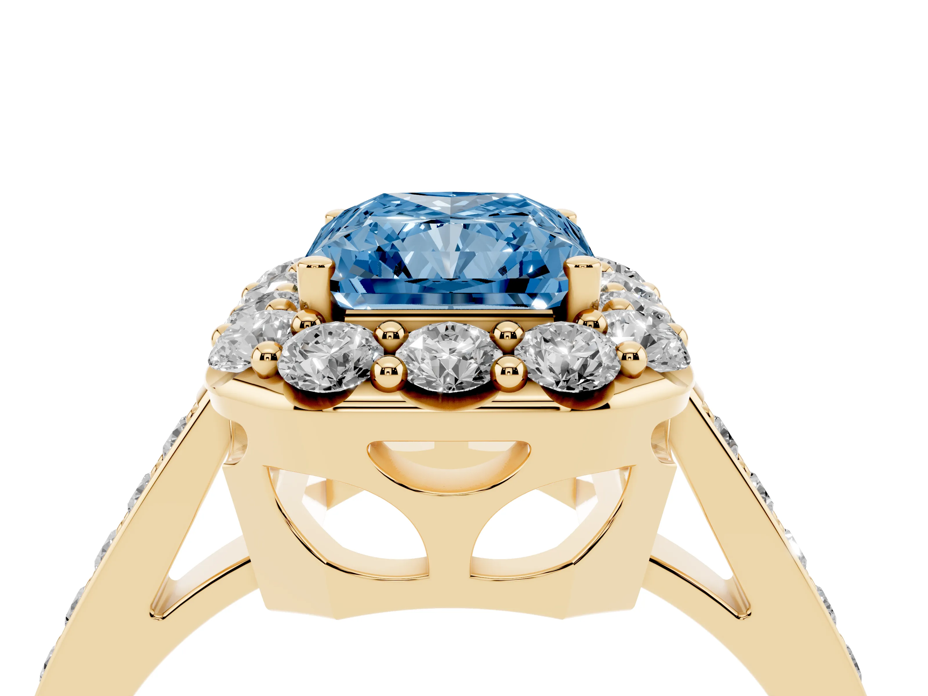 Fancy Blue Radiant Cut Diamond Floral Halo Ring Set in Yellow gold with Pavé Band and Prong Setting