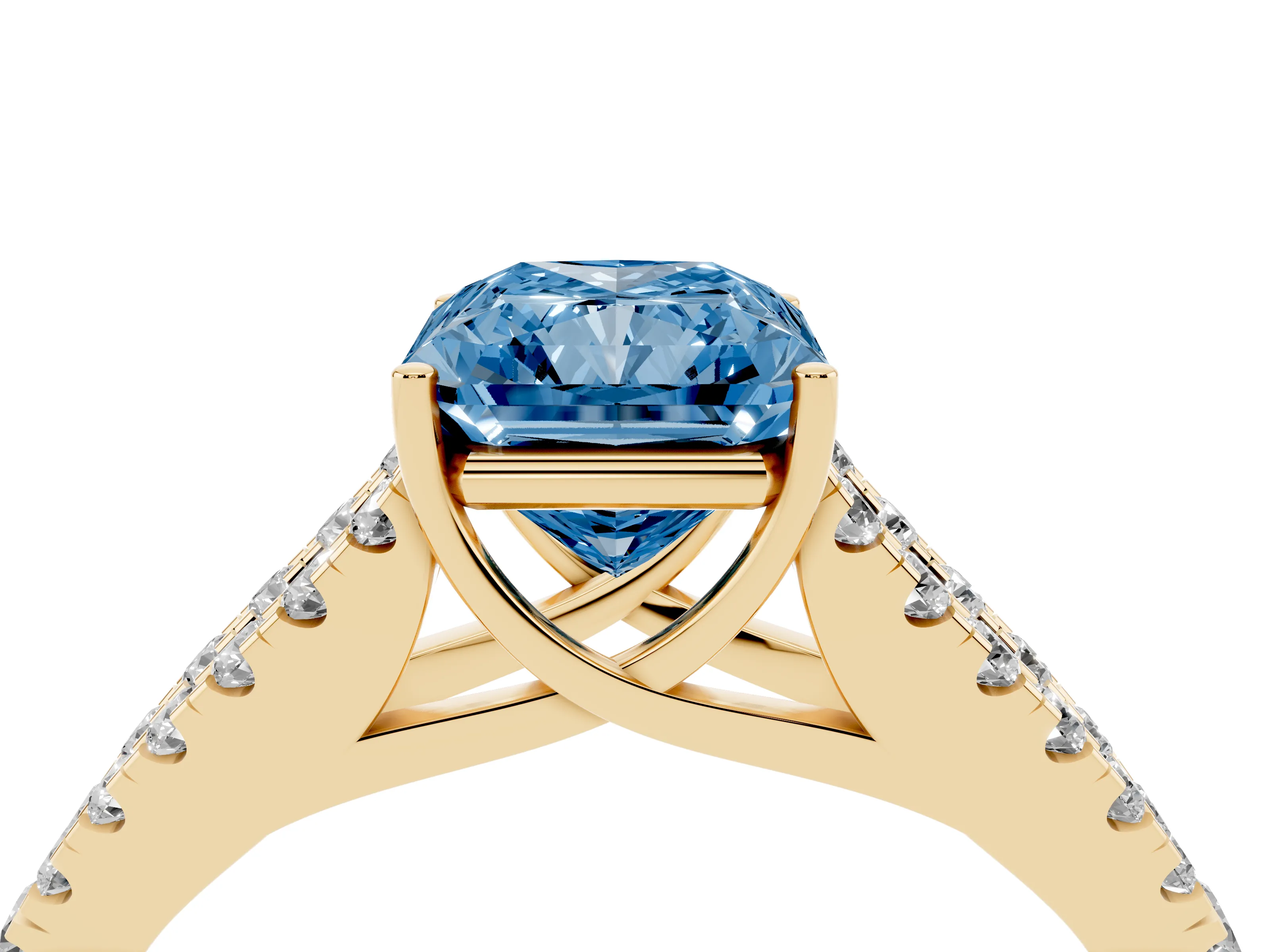 Fancy Blue Radiant Cut Diamond Split Shank Pavé Engagement Ring Set in Yellow gold with Prong-Held Center Stone