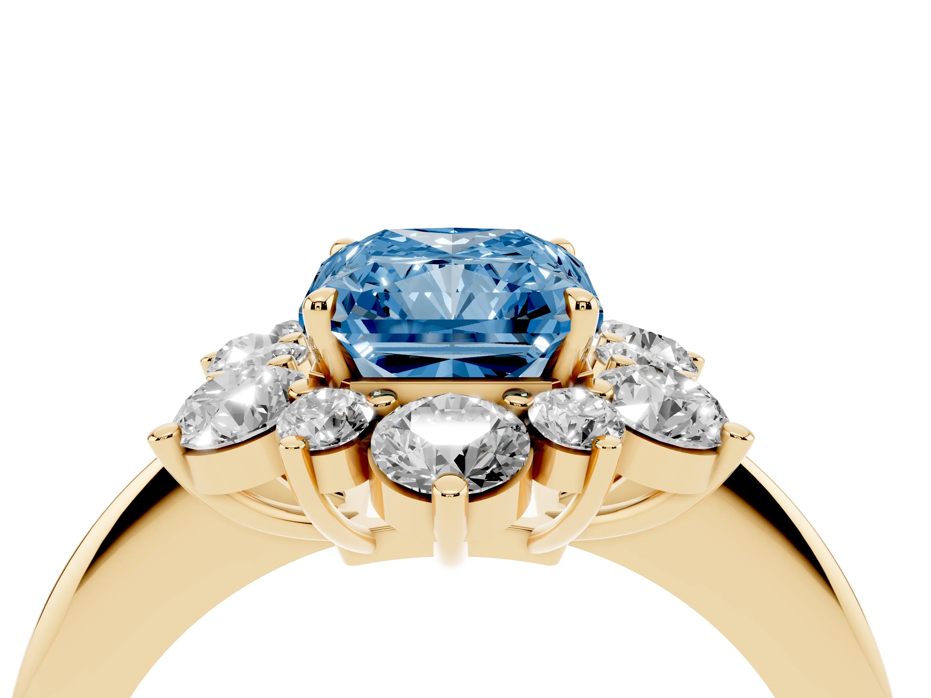 Fancy Blue Radiant Cut Diamond Cluster Halo Ring Set in Yellow gold with Solitaire Band and Prong Setting
