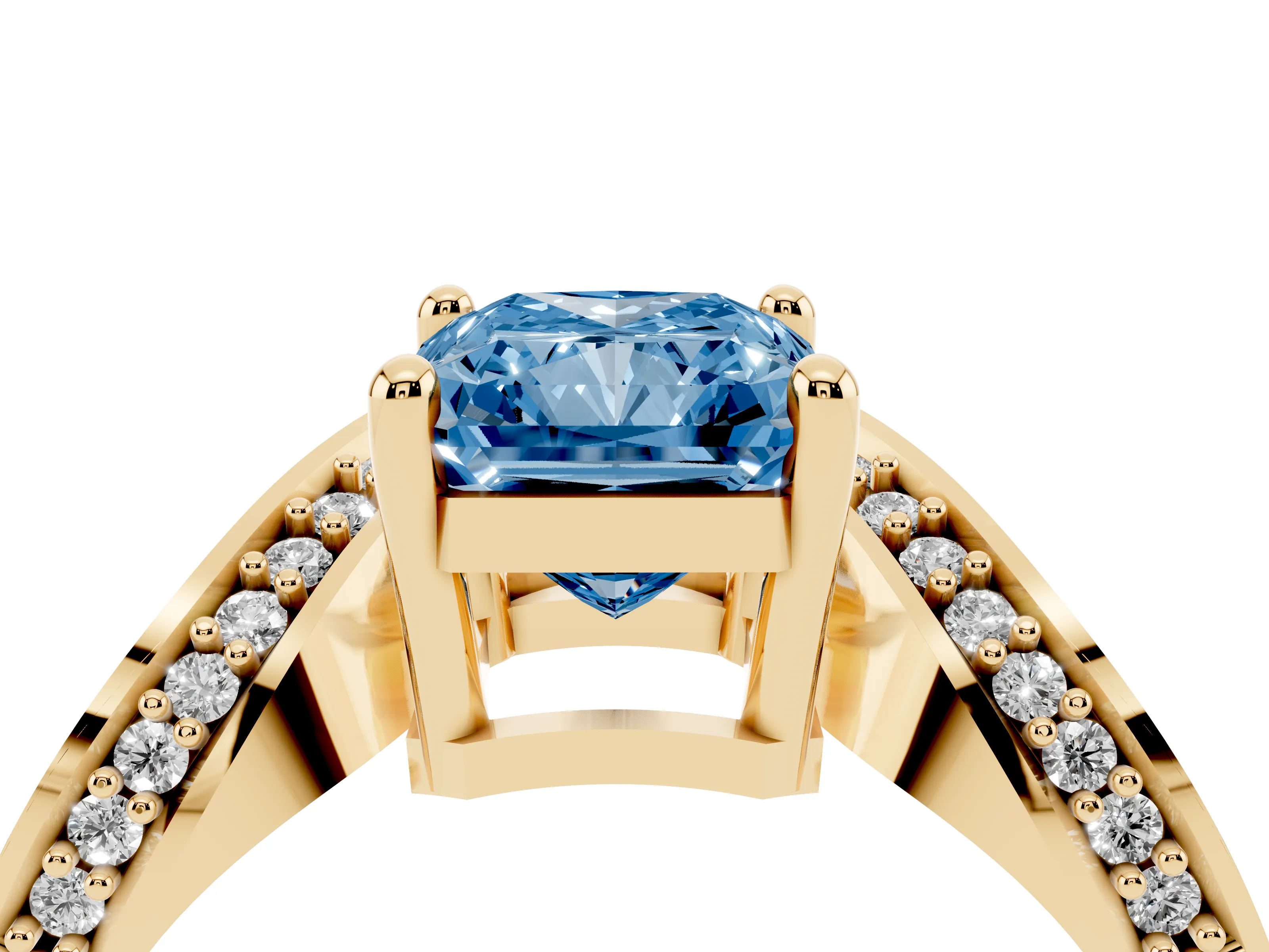 Fancy Blue Radiant Cut Diamond Solitaire Engagement Ring Set in Yellow gold with Pavé Shoulders