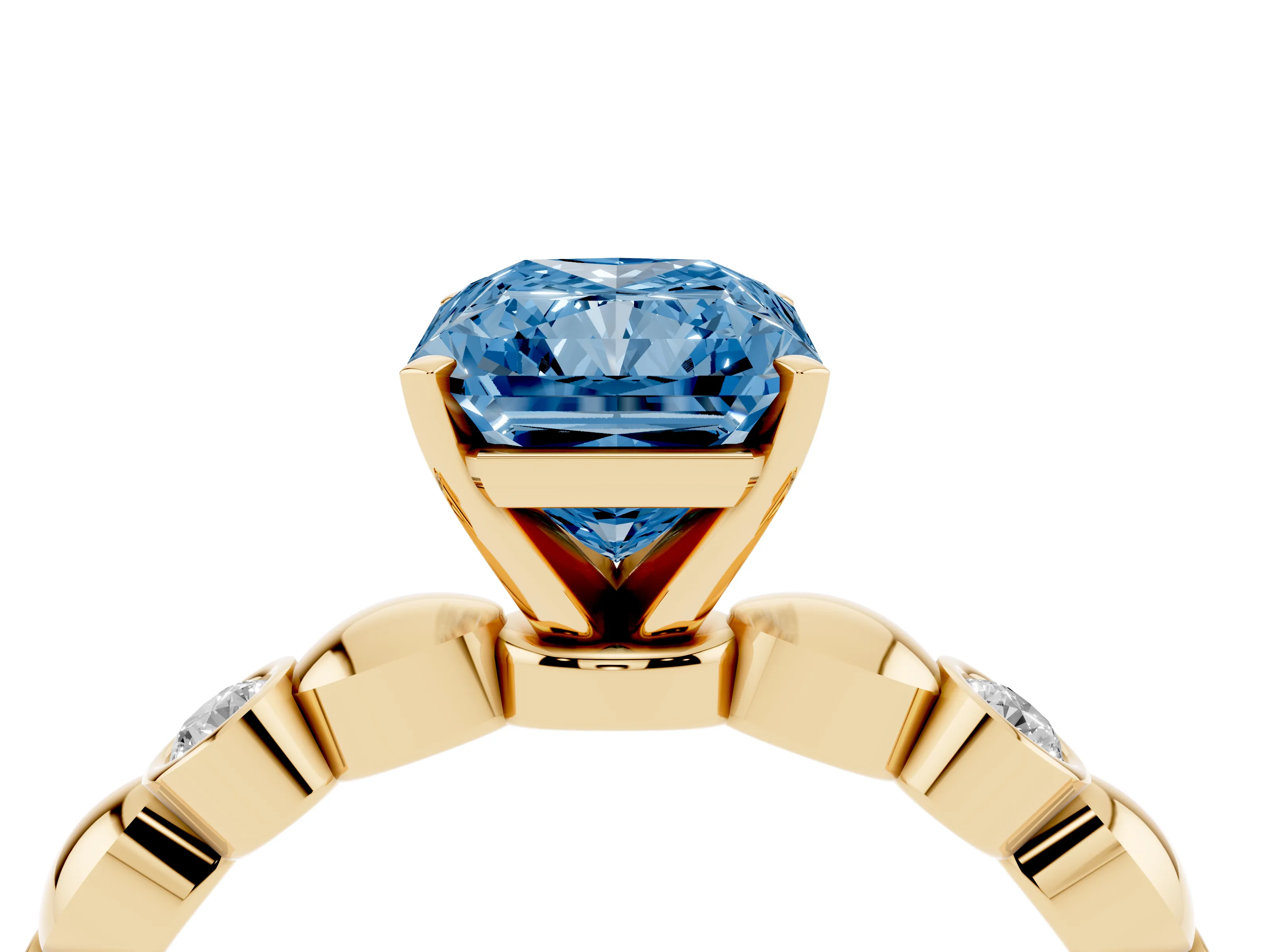 Fancy Blue Radiant Cut Diamond Solitaire Ring Set in Yellow gold with Bezel-Set Accents on Beaded Band and Prong Setting