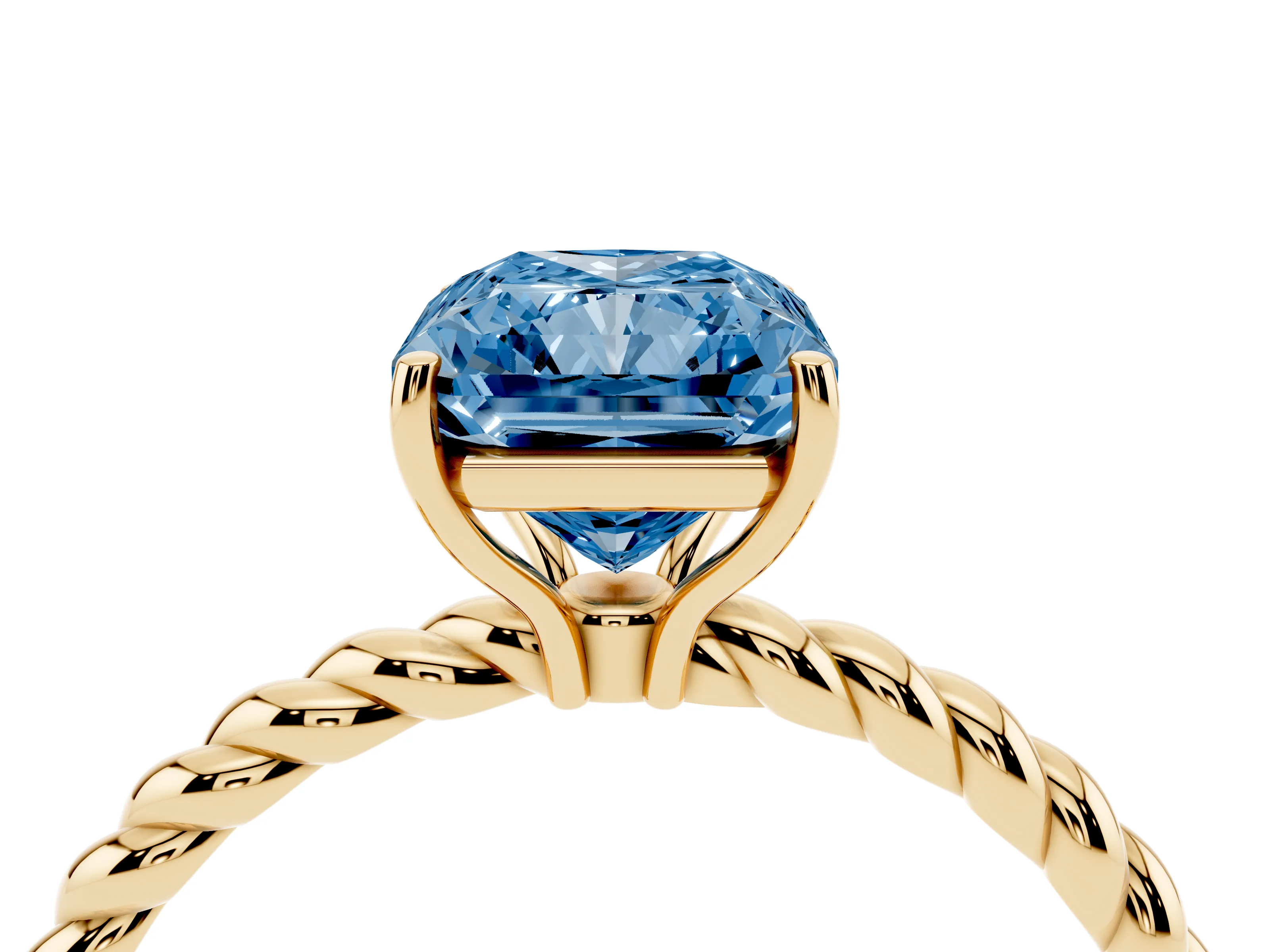 Fancy Blue Radiant Cut Diamond Solitaire Ring Set in Yellow gold with Twist Band and Prong Setting