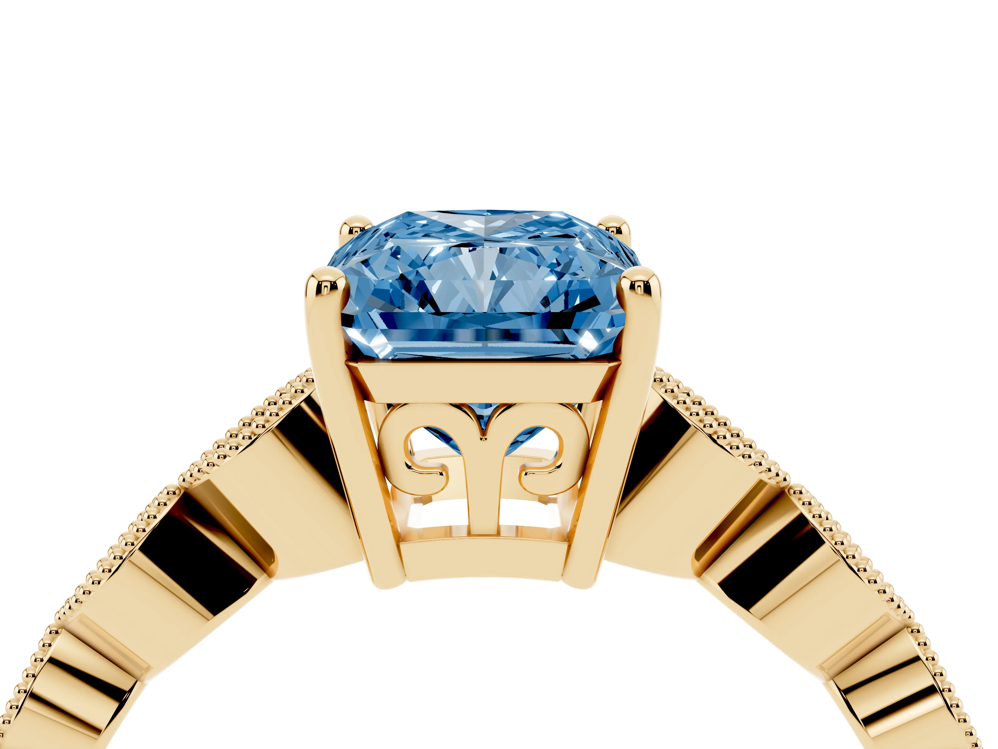 Fancy Blue Radiant Cut Diamond Solitaire Ring Set in Yellow gold with Infinity Twist Pavé Band