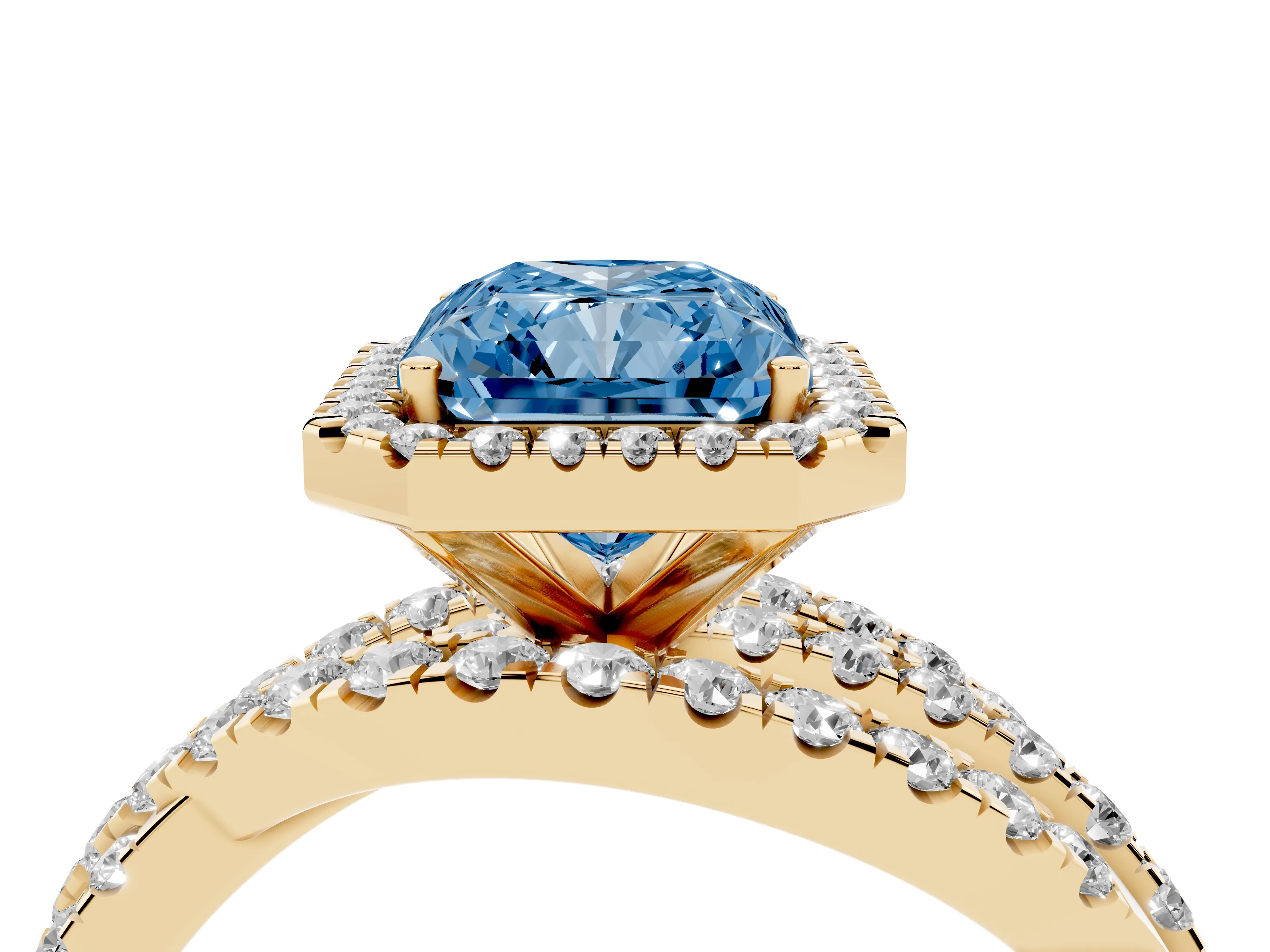 Fancy Blue Radiant Cut Diamond Halo Ring Set in Yellow gold with Round Crossover Split Shank and Prong Setting