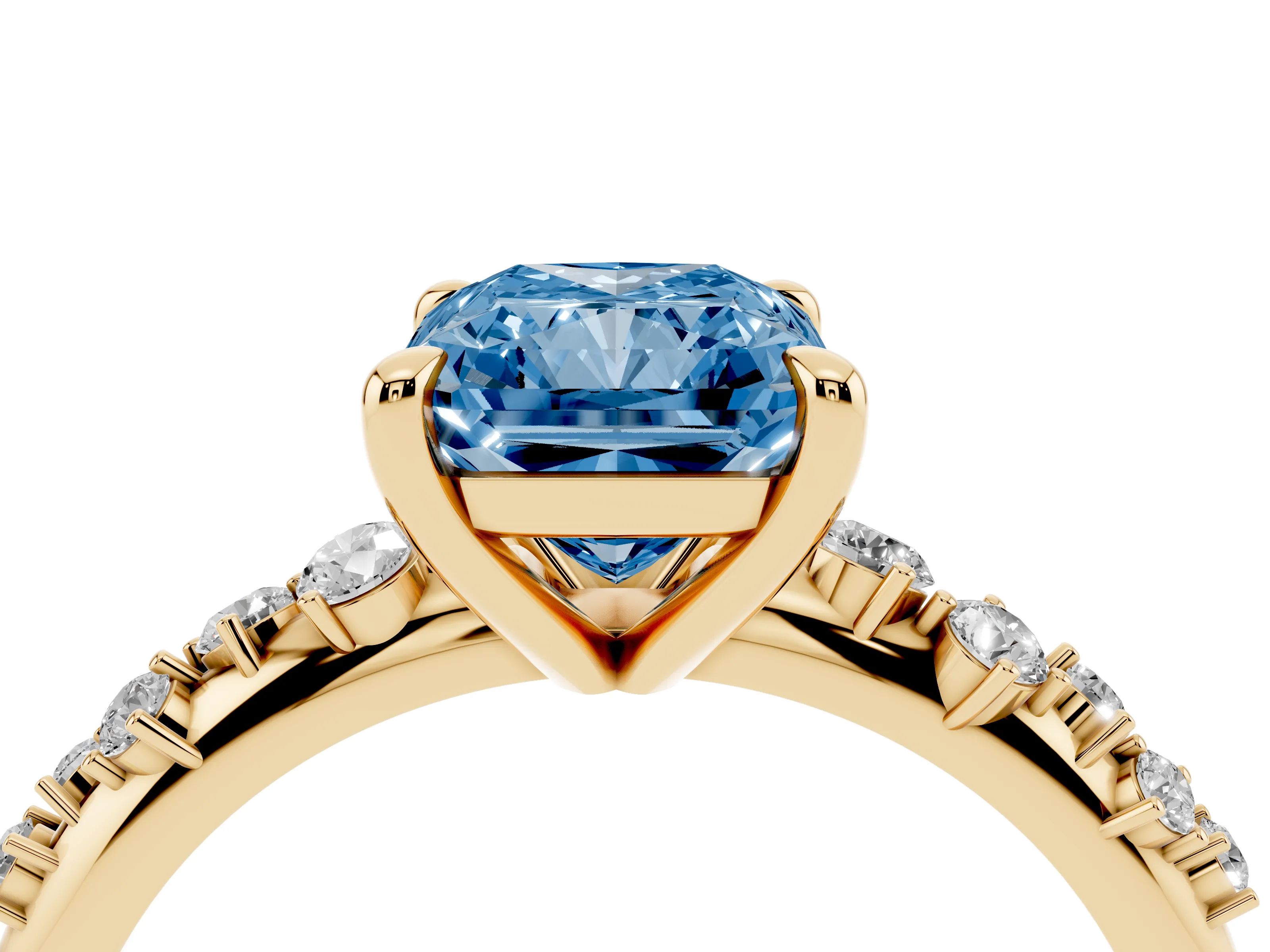 Fancy Blue Radiant Cut Diamond Solitaire Vine Band Ring Set in Yellow gold with Round Accents and Prong Setting