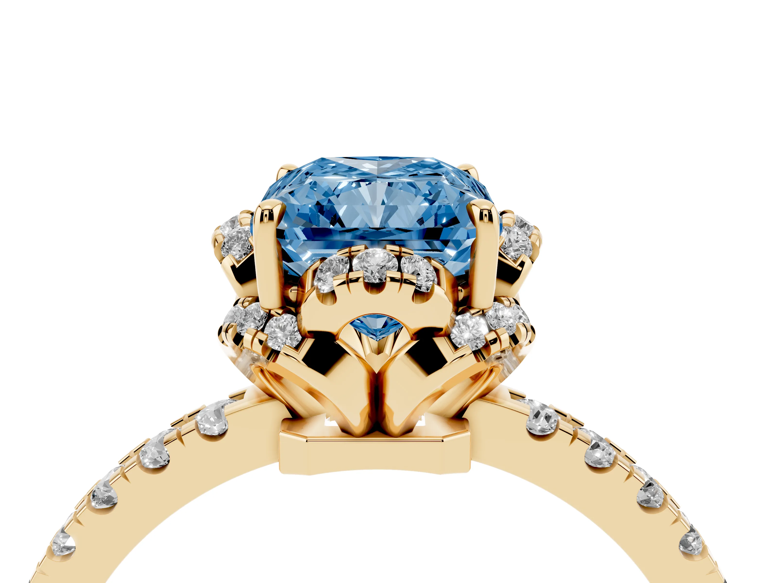 Fancy Blue Radiant Cut Diamond Halo Pavé Band Ring Set in Yellow gold with Prong-Held Center