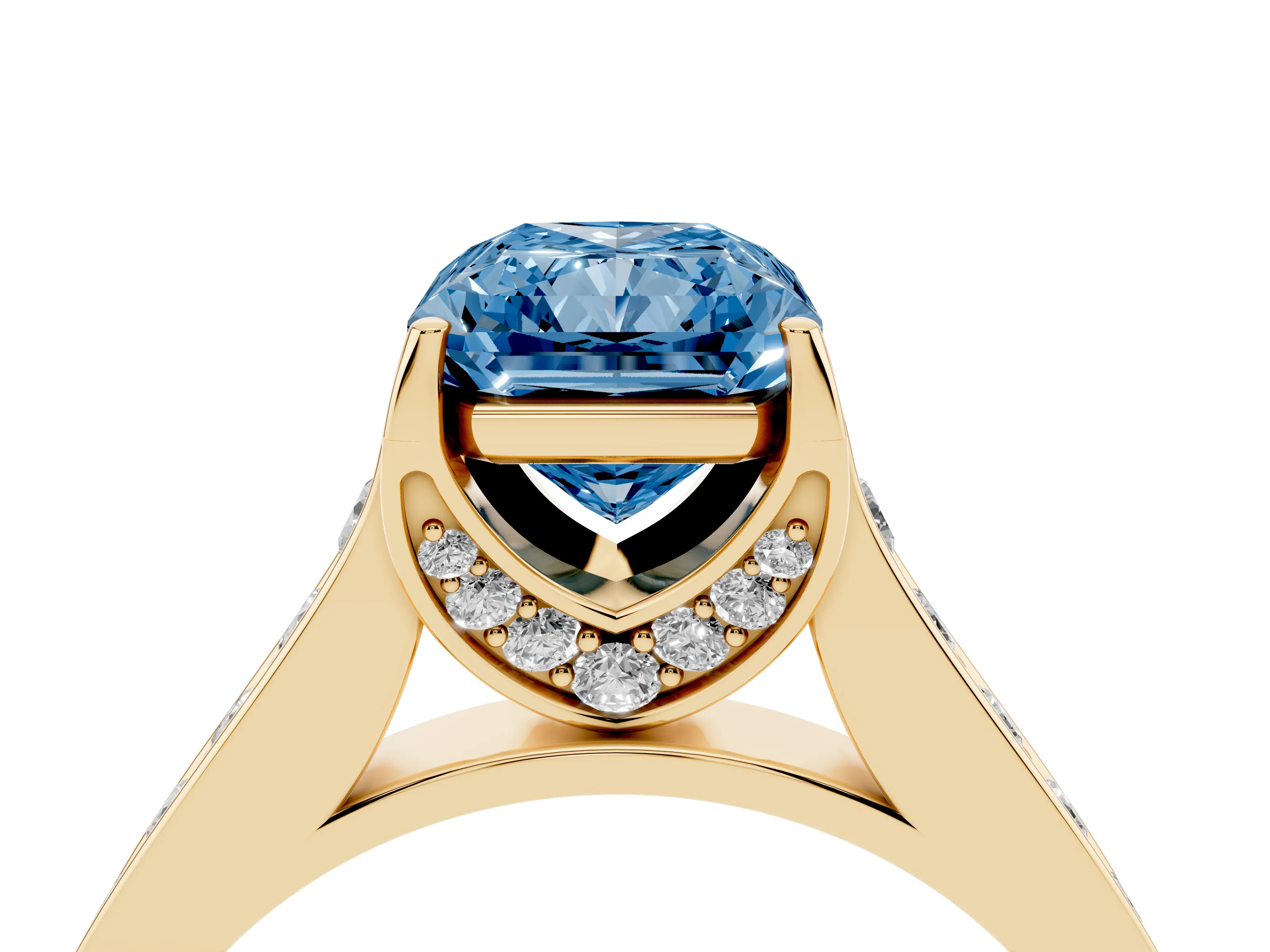 Fancy Blue Radiant Cut Diamond Solitaire Pavé Engagement Ring Set in Yellow gold with Prong Setting