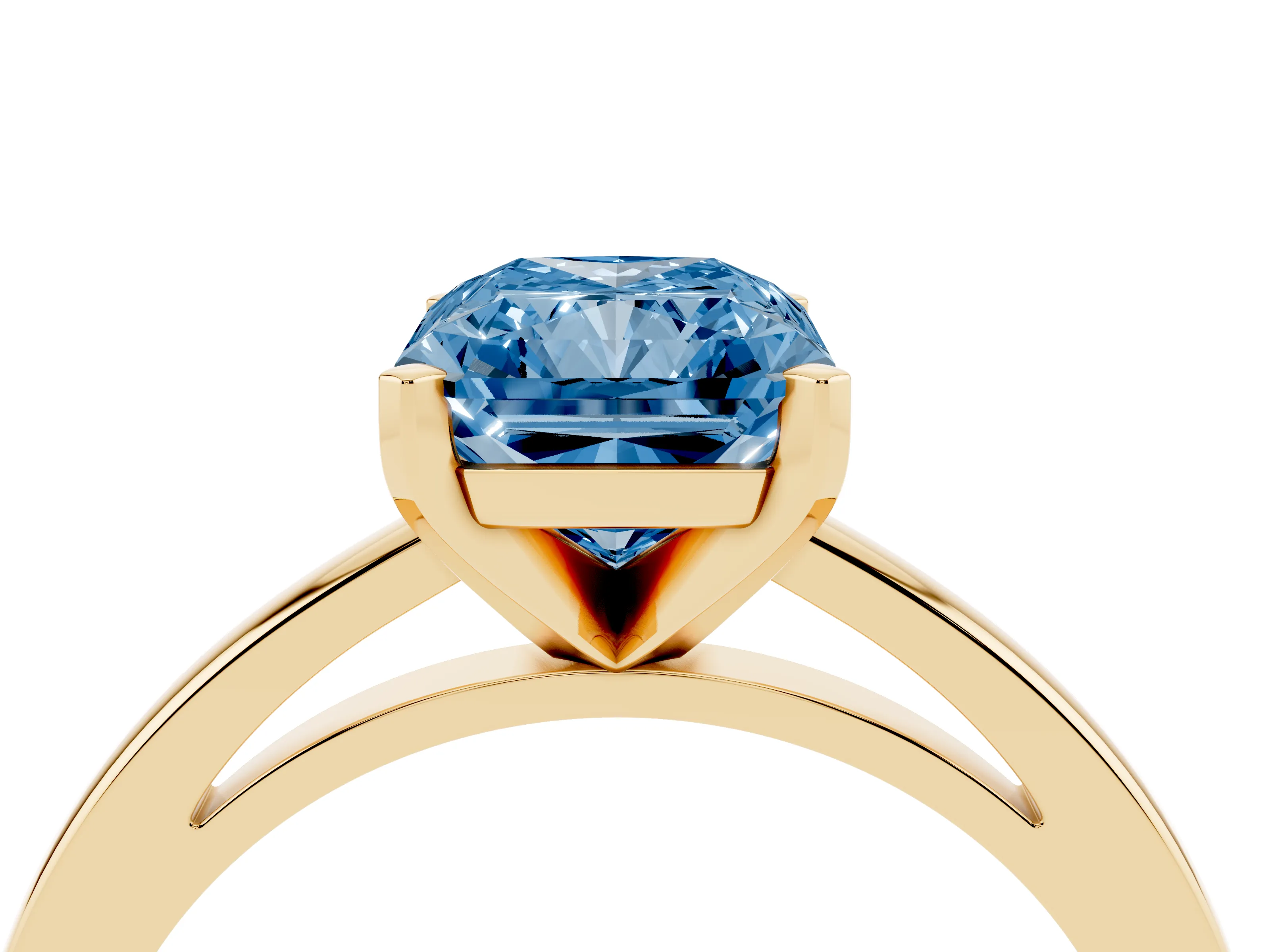 Fancy Blue Radiant Cut Diamond Solitaire Engagement Ring Set in Yellow gold with Prong Setting on a Classic Band