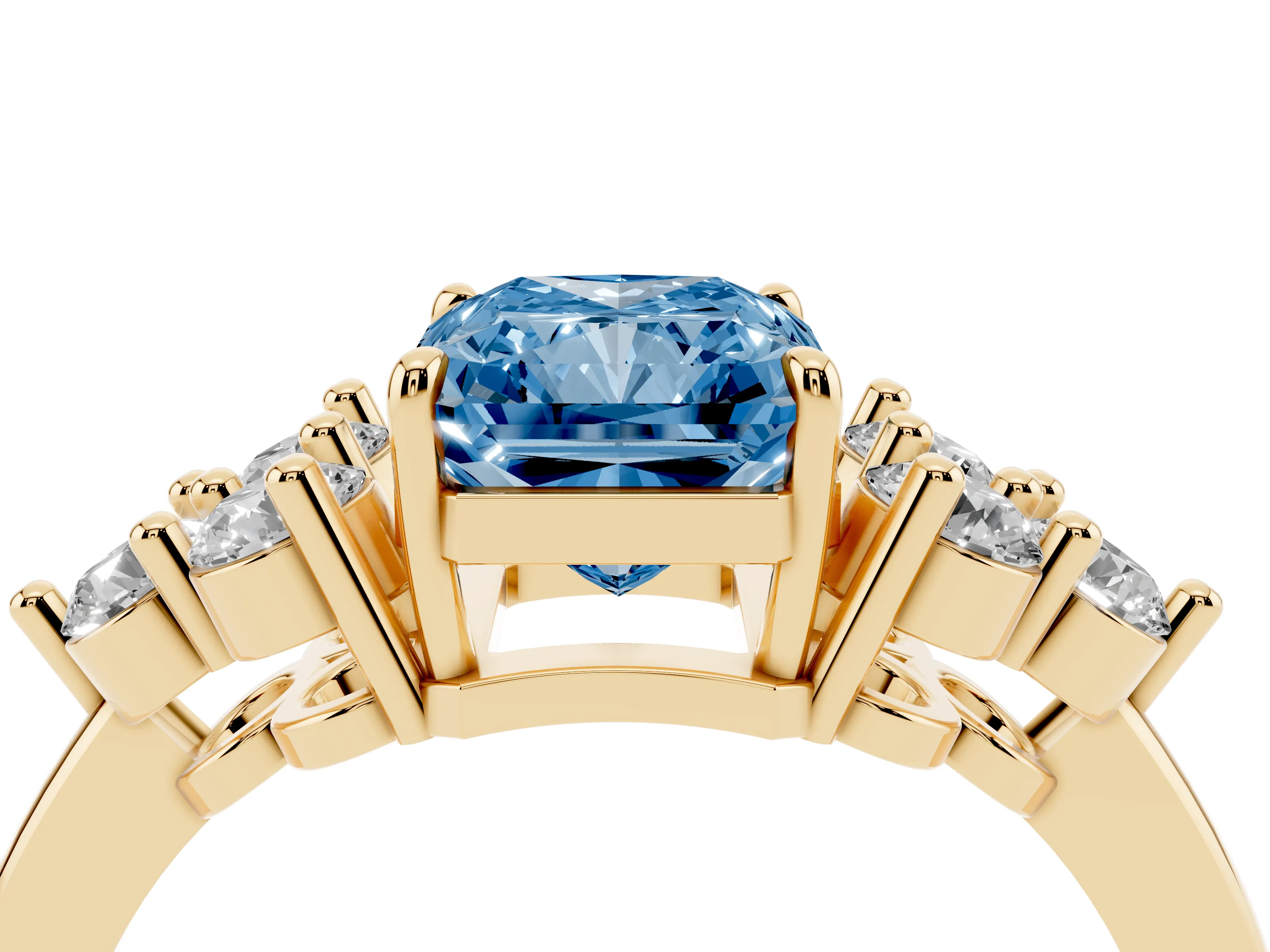 Fancy Blue Radiant Cut Diamond Solitaire Ring Set in Yellow gold with Cluster Accents on Each Side