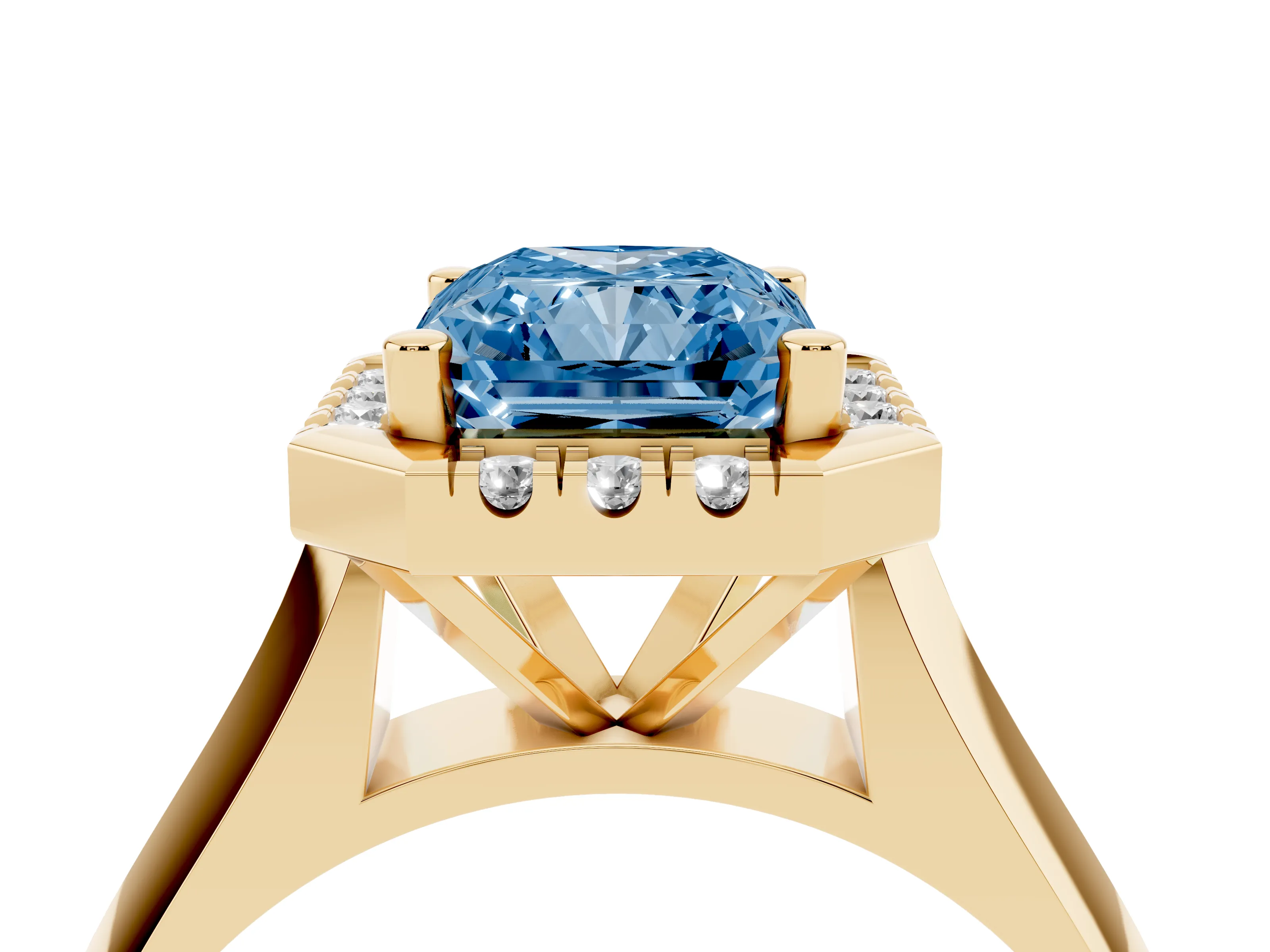 Fancy Blue Radiant Cut Diamond Halo Solitaire Engagement Ring Set in Yellow gold with Square Band and Prong Setting