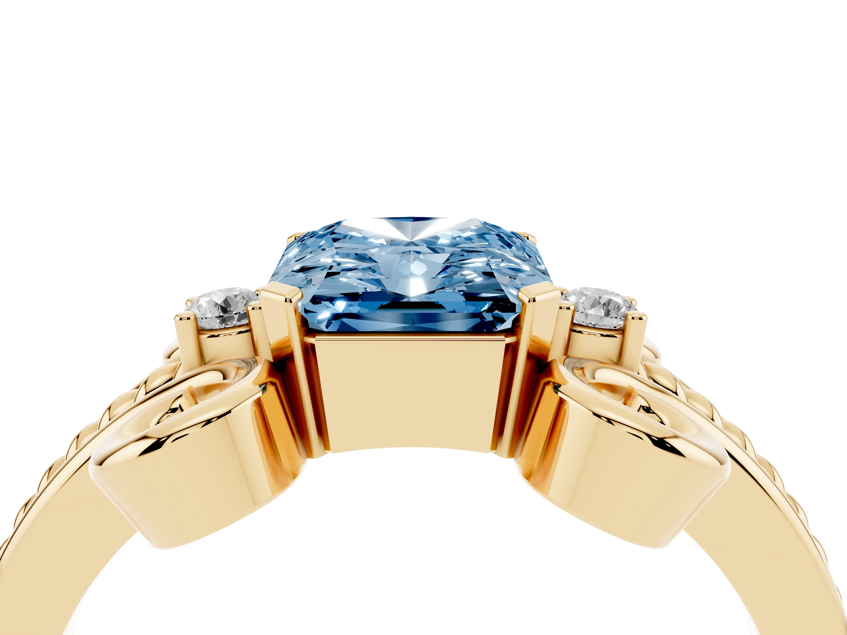 Fancy Blue Radiant Cut Diamond Twisted Band Solitaire Ring Set in Yellow gold with Scroll Prongs