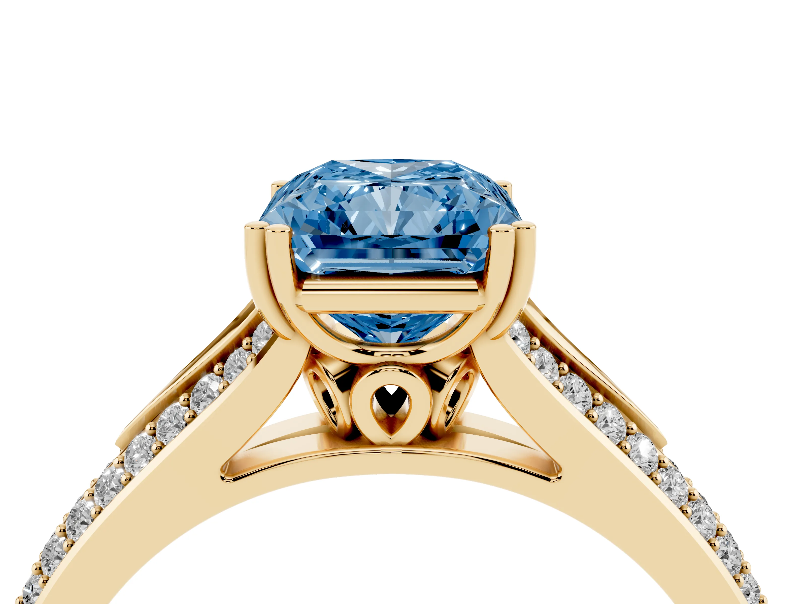 Fancy Blue Radiant Cut Diamond Split Shank Pavé Engagement Ring Set in Yellow gold with Prong-Set Center Stone