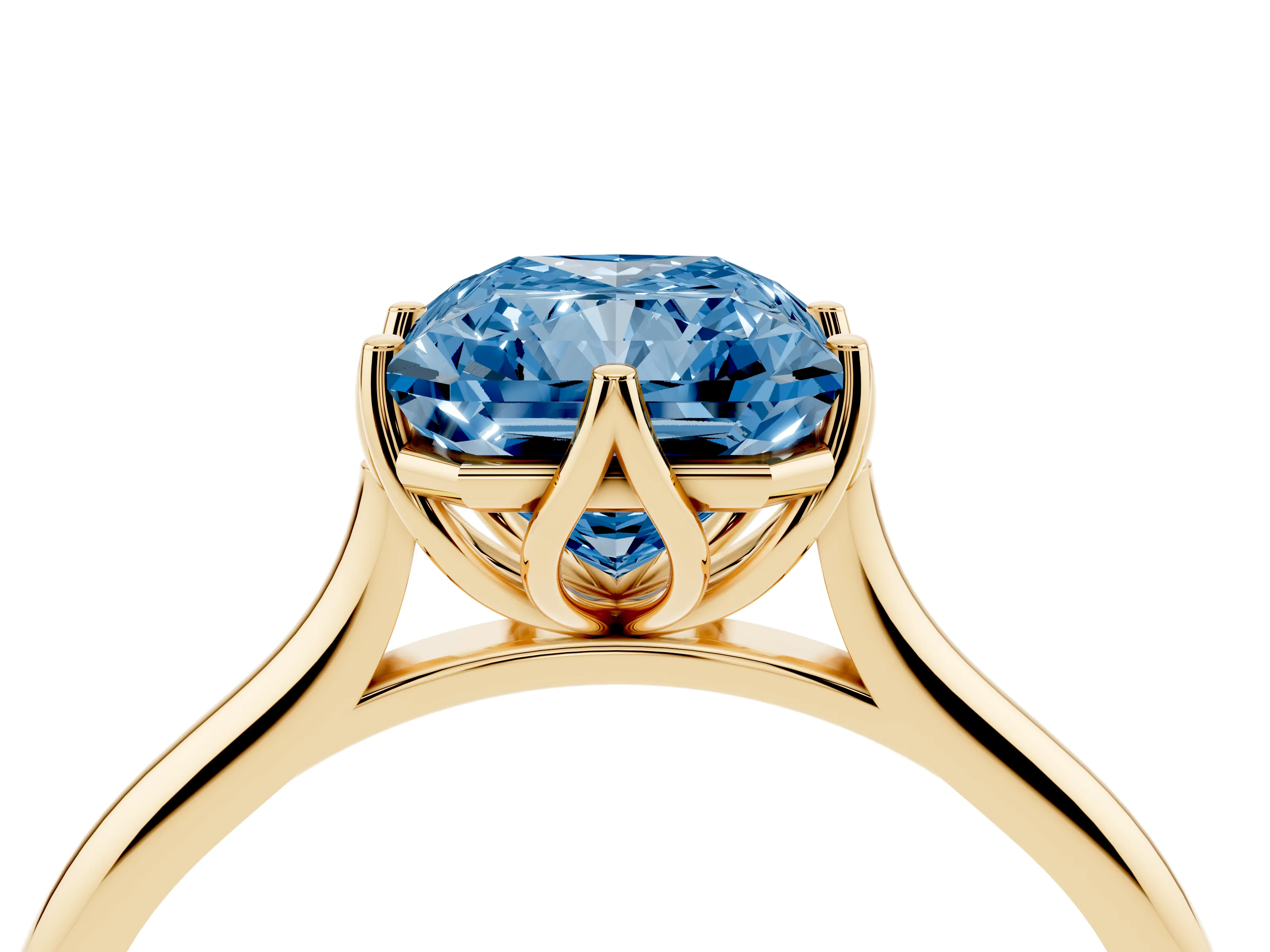 Fancy Blue Radiant Cut Diamond Solitaire Cathedral Ring Set in Yellow gold with Prong Setting