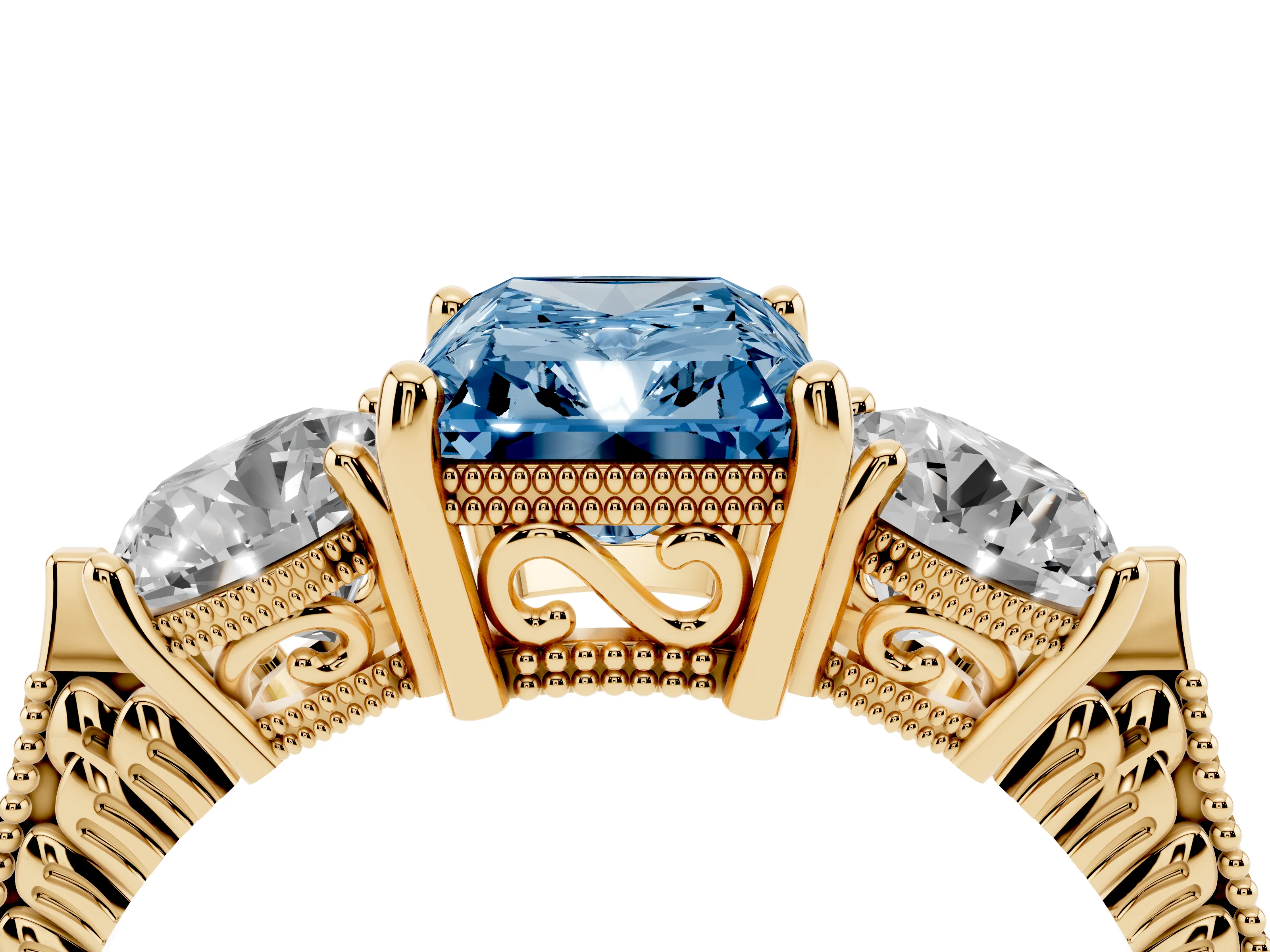 Fancy Blue Radiant Cut Diamond Three-Stone Ring Set in Yellow gold with Milgrain Band