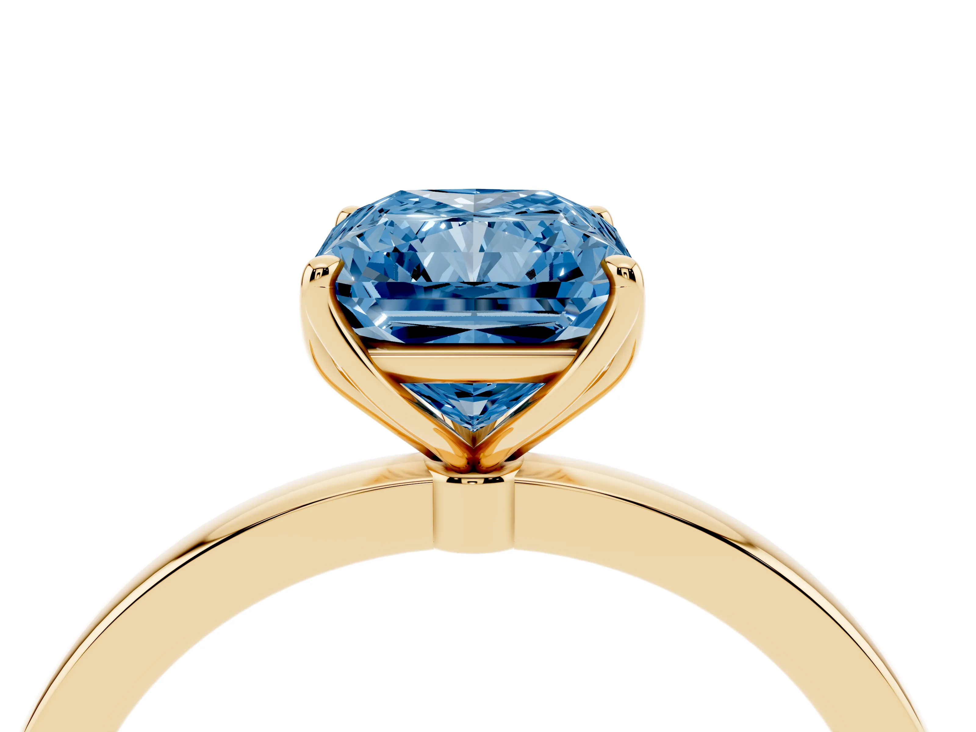 Fancy Blue Radiant Cut Diamond Solitaire Ring Set in Yellow gold with Prong Setting and Thin Polished Band