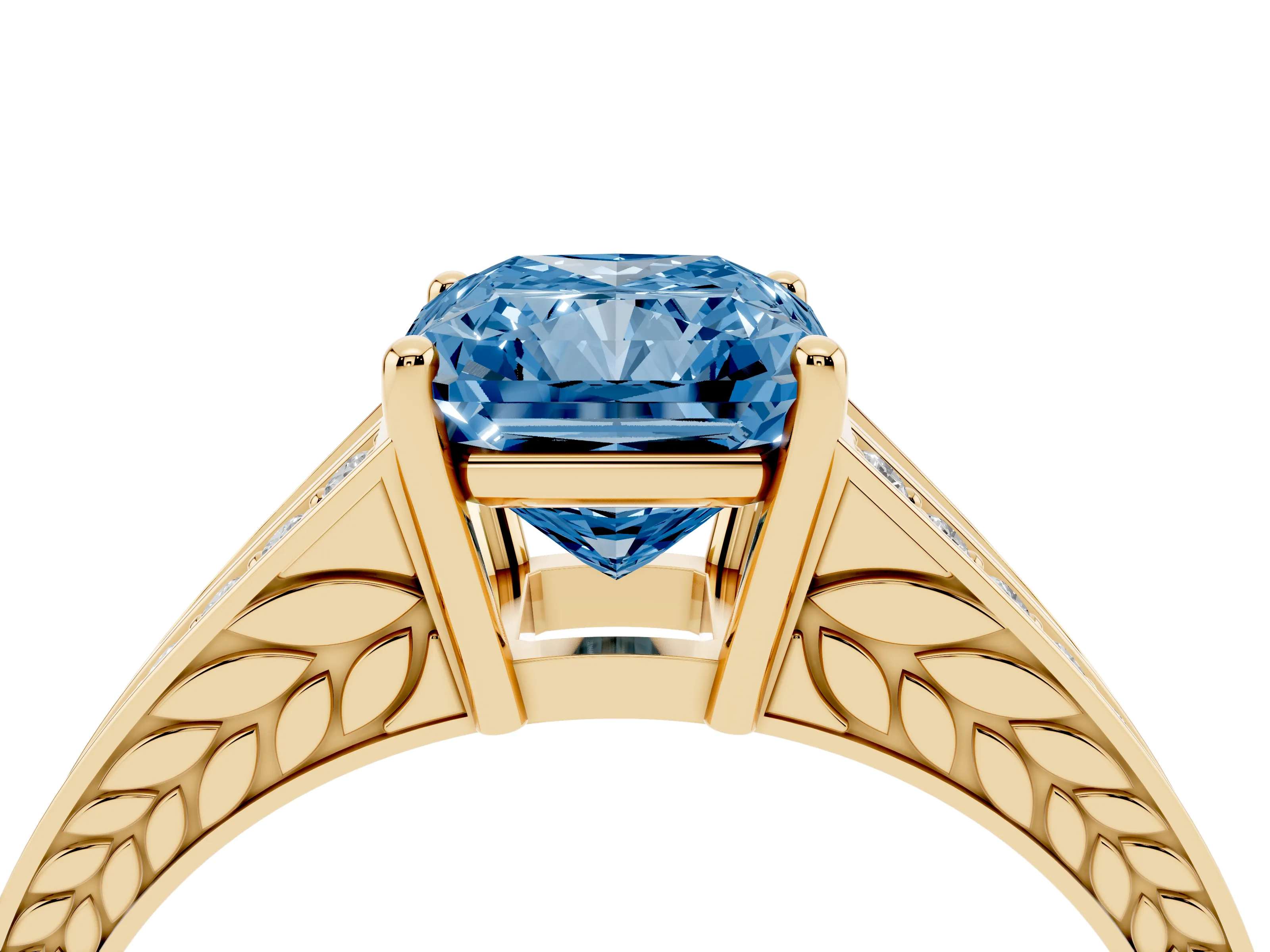 Fancy Blue Radiant Cut Diamond Split Shank Ring Set in Yellow gold with Pavé Band and Prong Setting
