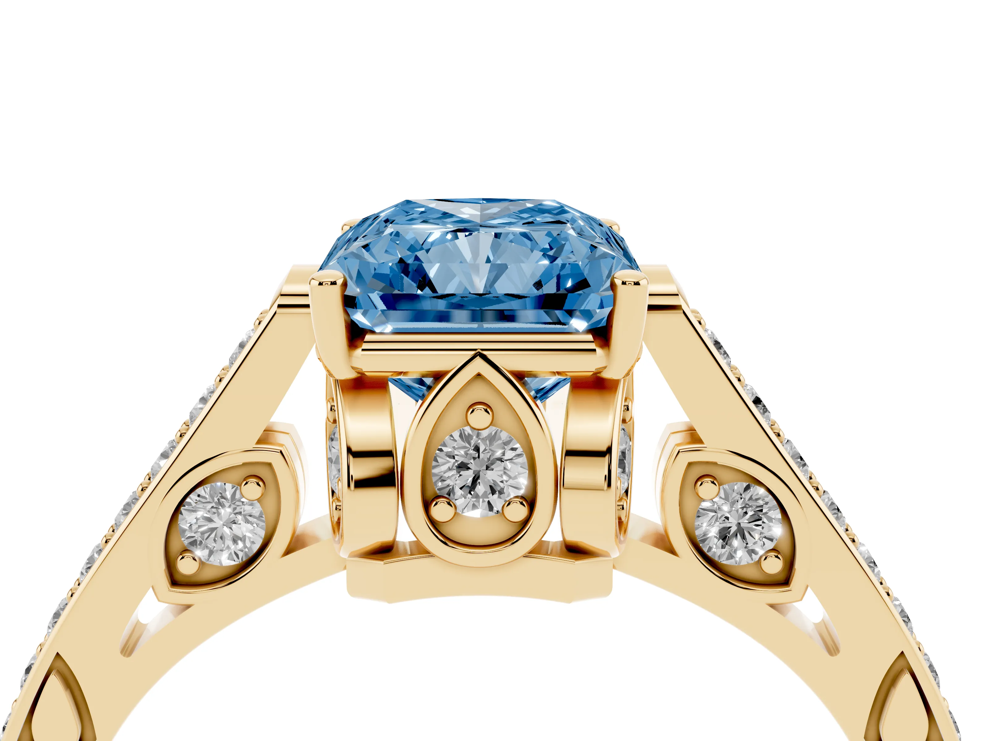 Fancy Blue Radiant Cut Diamond Cathedral Pavé Engagement Ring Set in Yellow gold with Prong Setting
