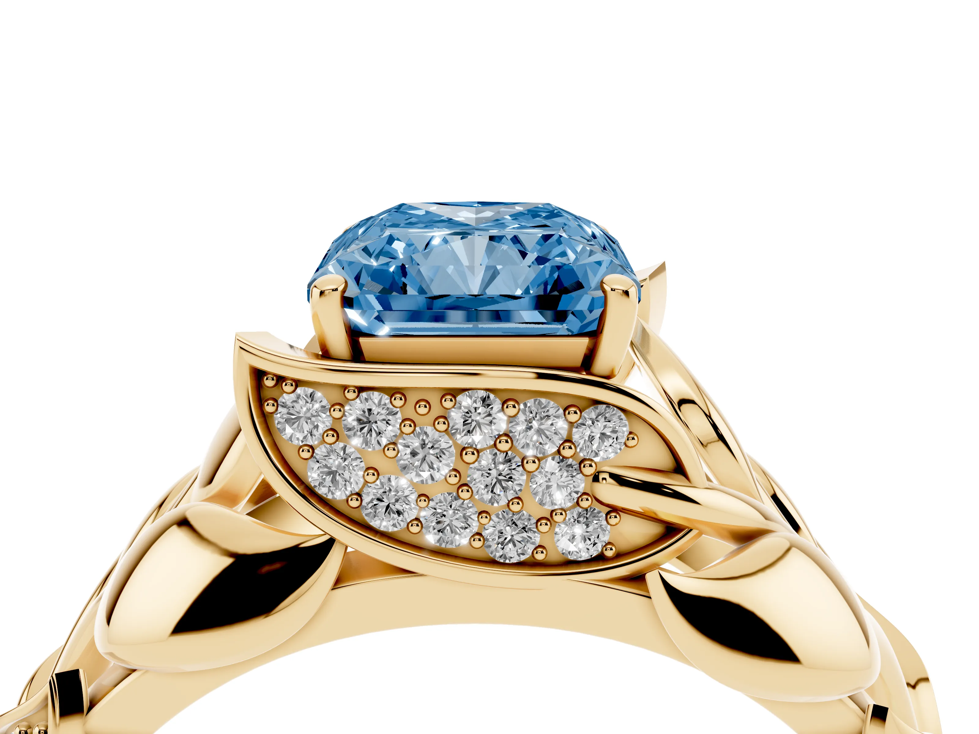Fancy Blue Radiant Cut Diamond Leaf-Inspired Engagement Ring Set in Yellow gold with Round Accents