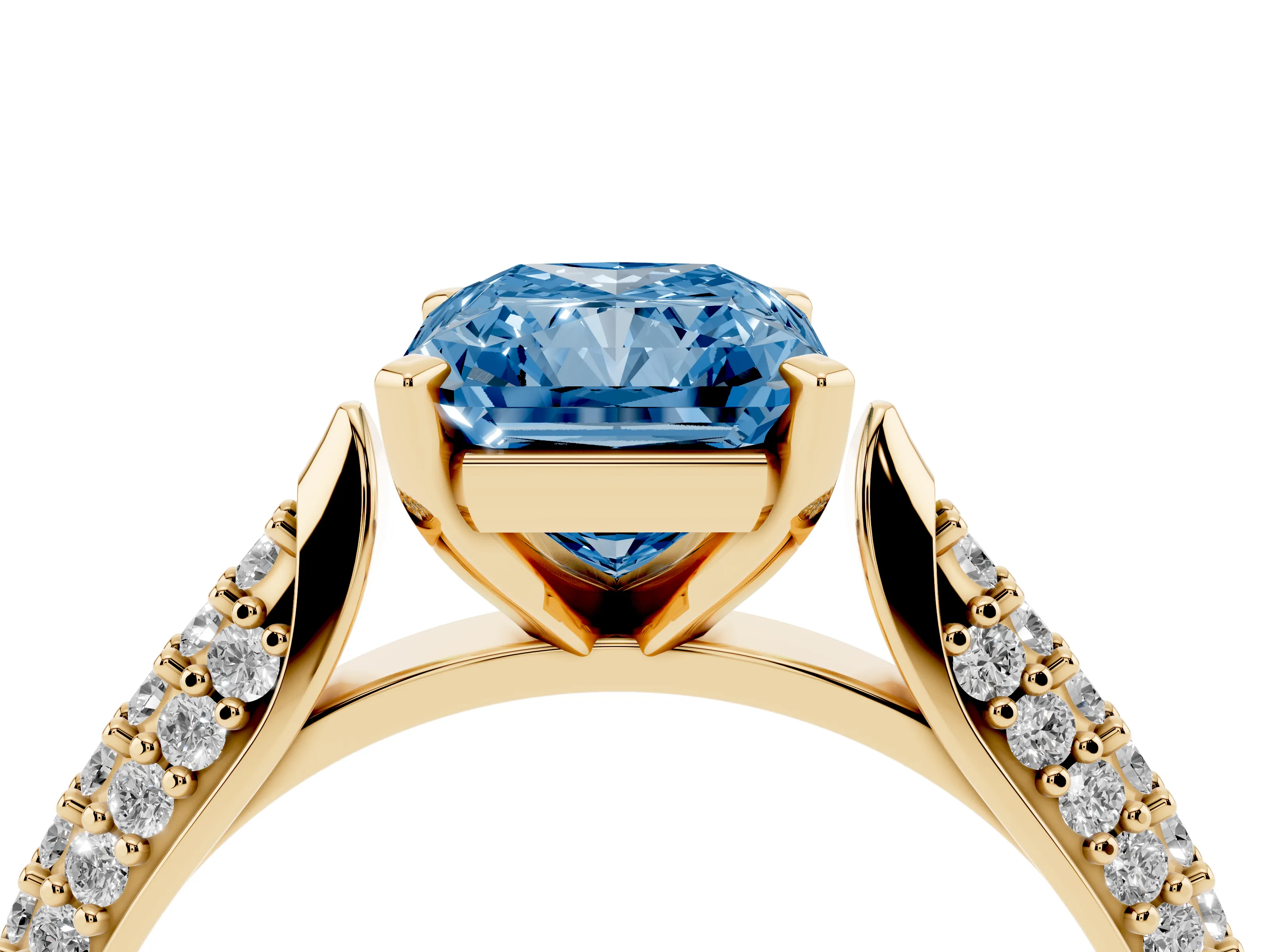 Fancy Blue Radiant Cut Diamond Solitaire Engagement Ring Set in Yellow gold with Multi-Row Round Pavé Band and Prong Setting