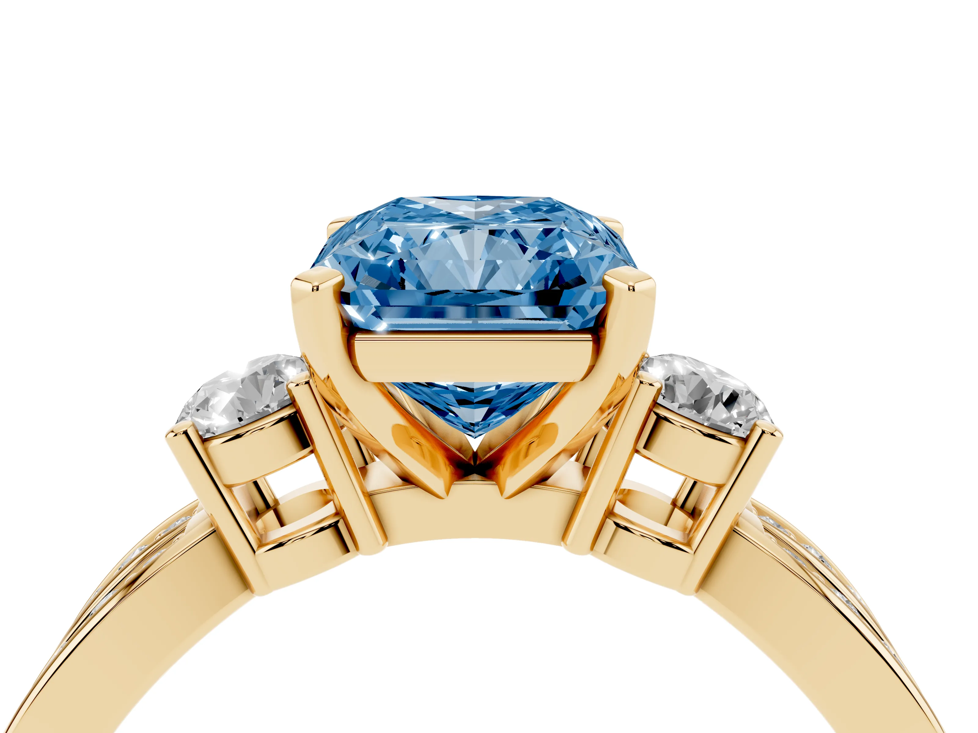 Fancy Blue Three-Stone Radiant Cut Diamond Twist Band Ring Set in Yellow gold with Pavé Accents and Prong Setting