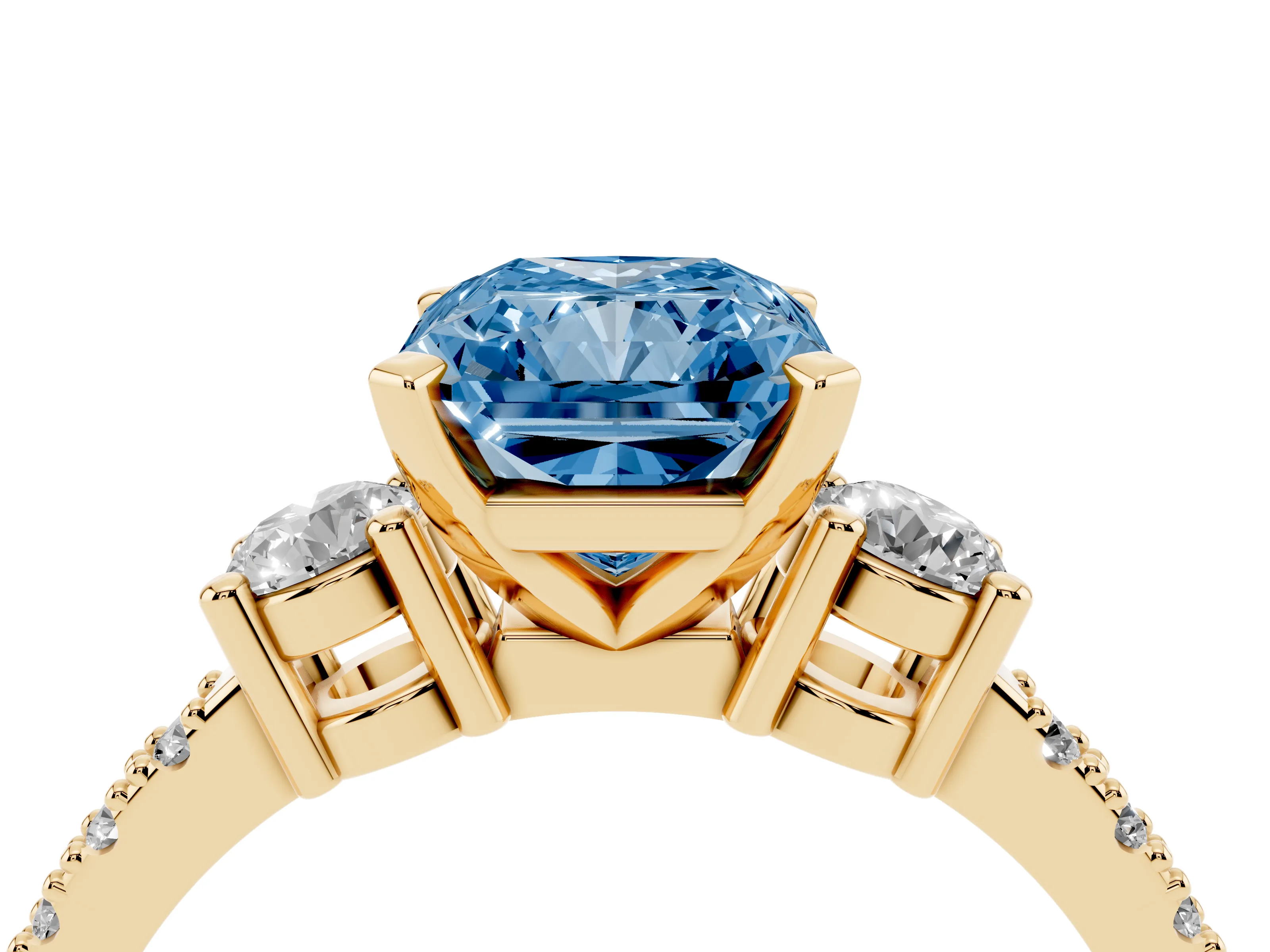 Fancy Blue Three-Stone Radiant Cut Diamond Pavé Band Ring Set in Yellow gold with Prong Setting