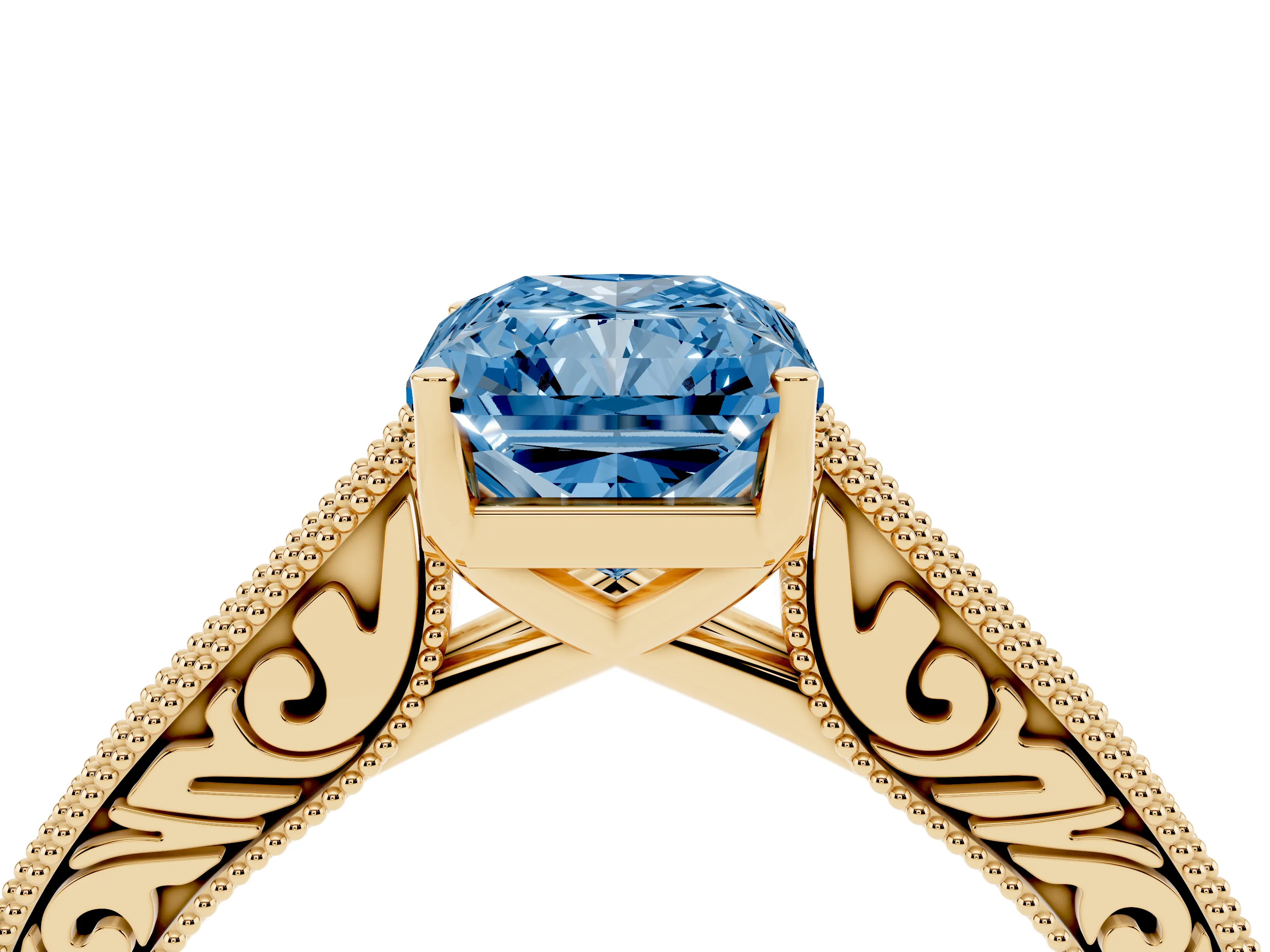 Fancy Blue Radiant Cut Diamond Milgrain Pavé Band Solitaire Ring Set in Yellow gold with Prong Setting