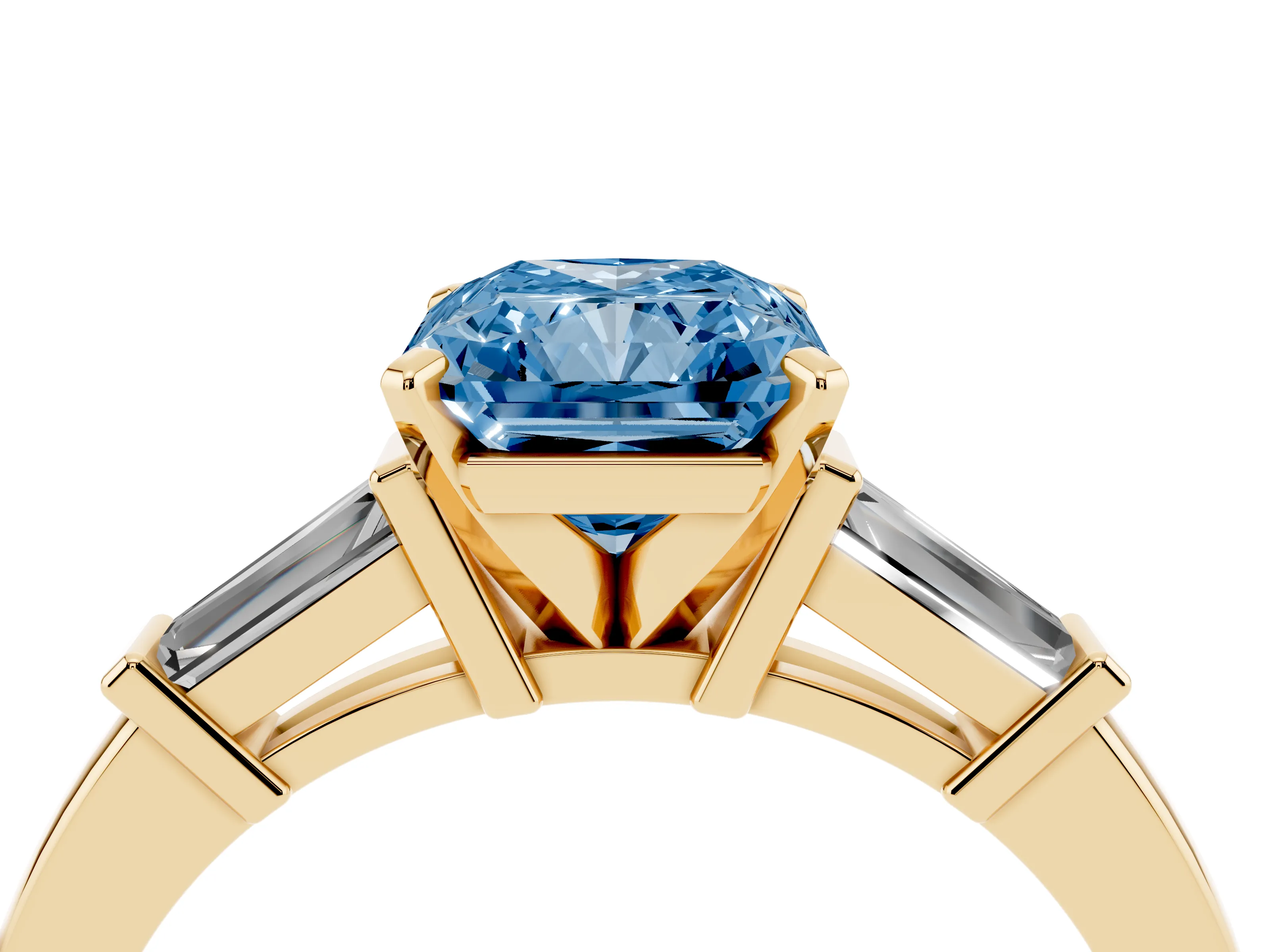 Fancy Blue Radiant Cut Diamond Solitaire Ring Set in Yellow gold with Tapered Baguette Accents and Prong Setting