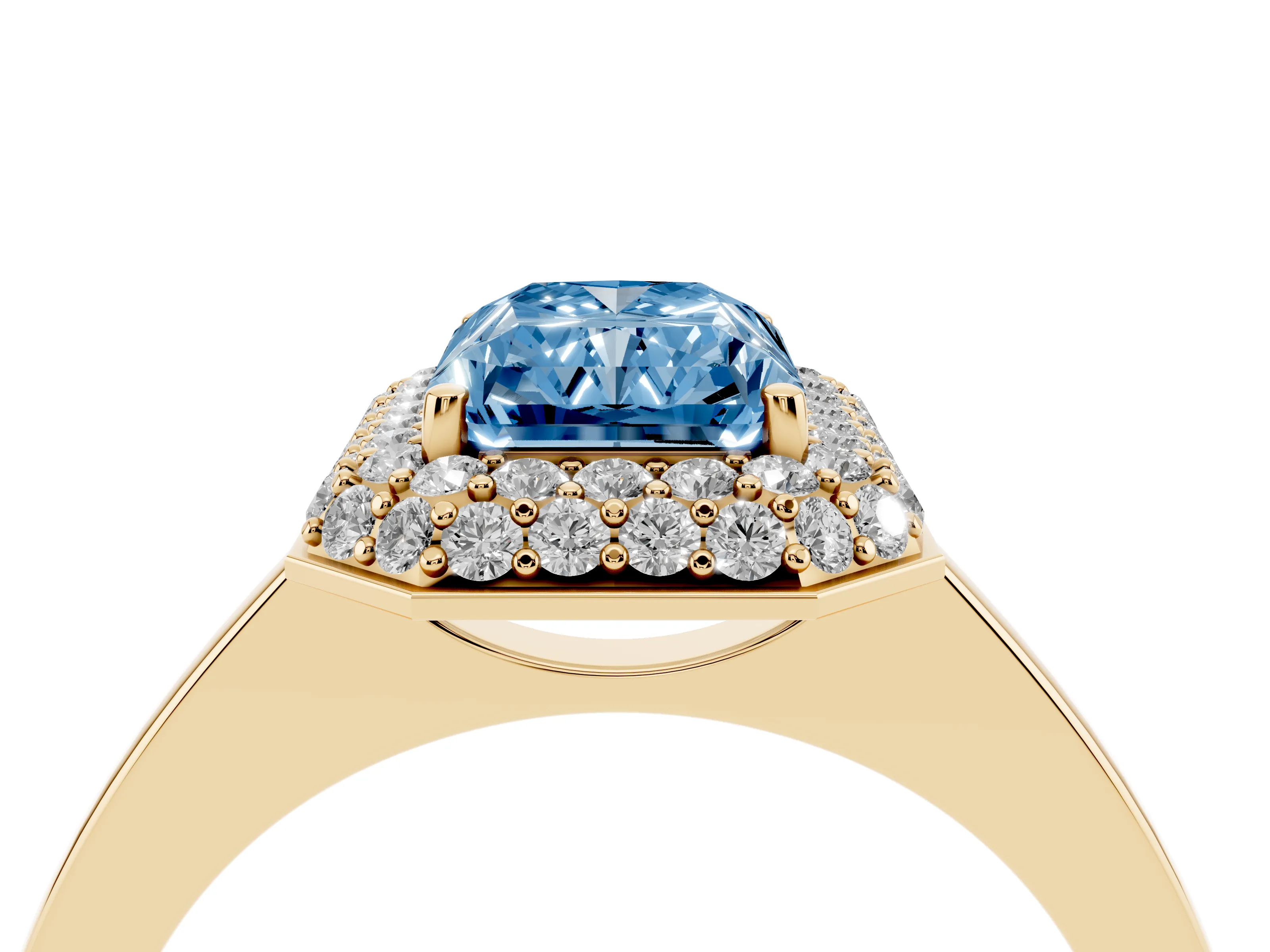 Fancy Blue Radiant Cut Diamond Halo Engagement Ring Set in Yellow gold with Solitaire Band and Prong Setting