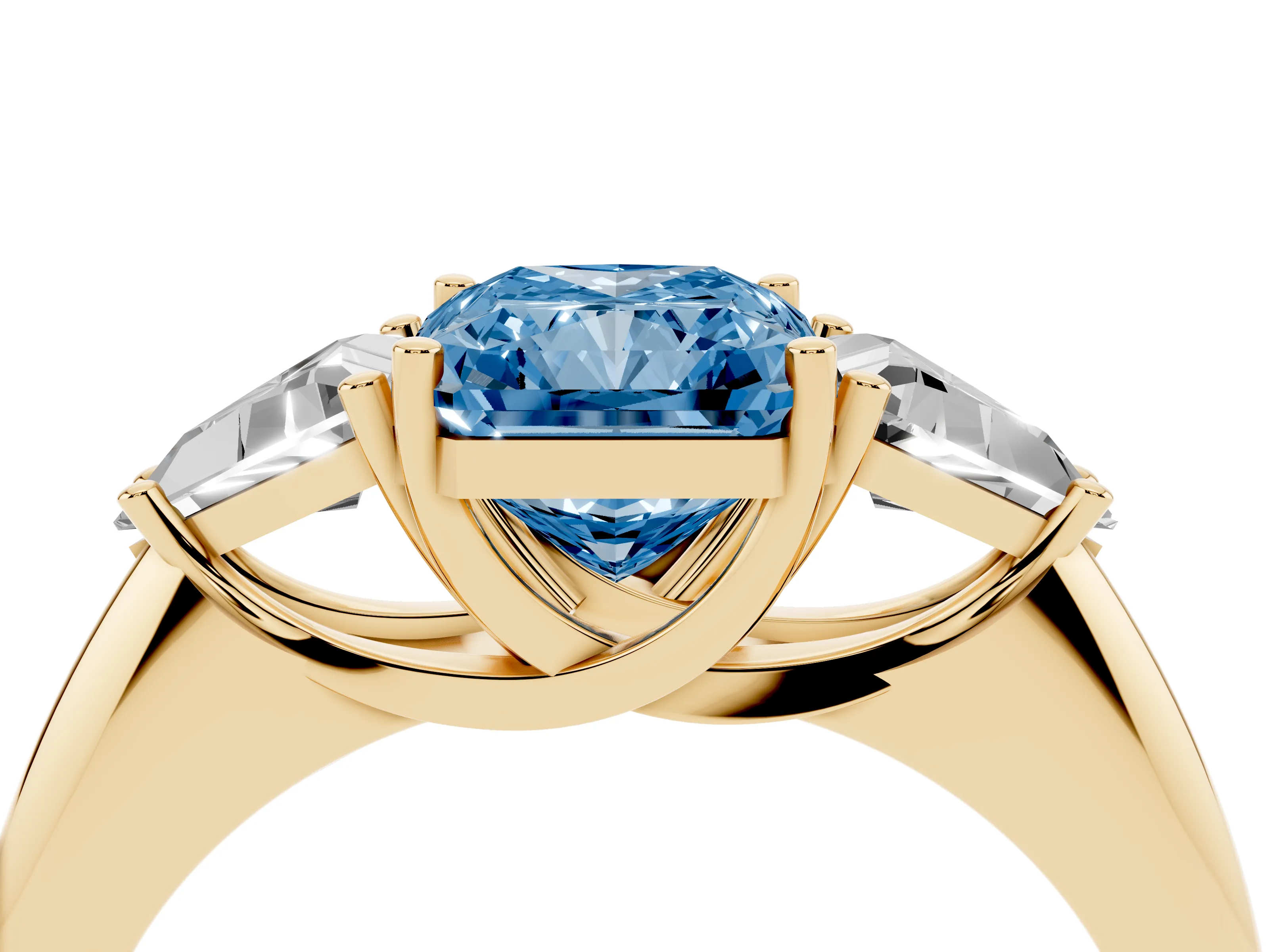 Fancy Blue Radiant Cut Diamond Three-Stone Engagement Ring Set in Yellow gold with Trillion Side Stones
