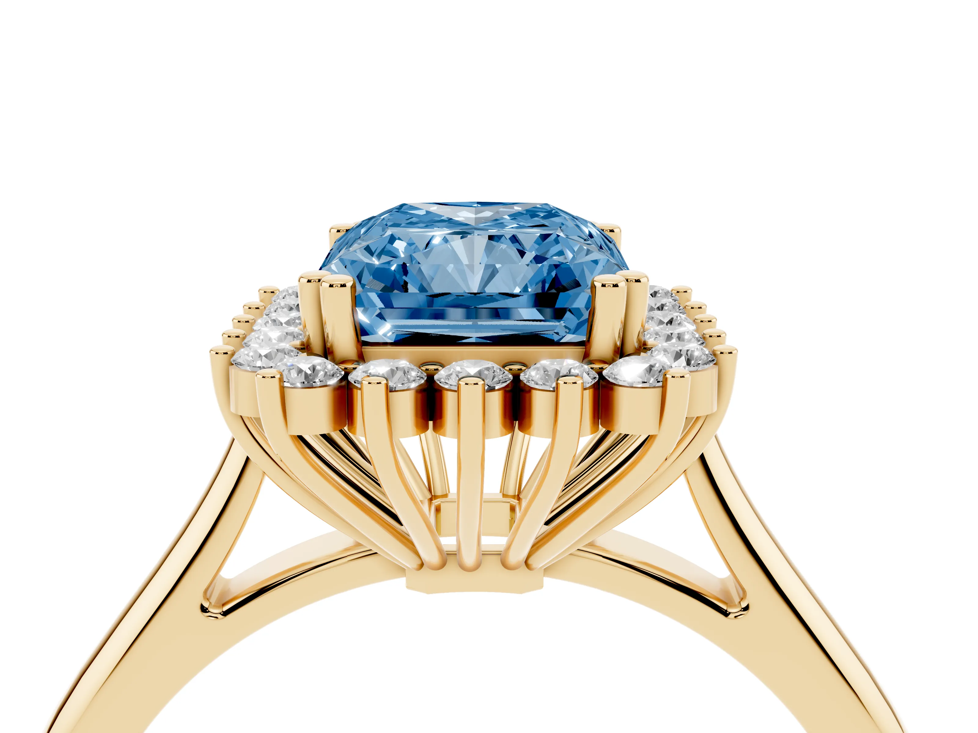 Fancy Blue Radiant Cut Diamond Halo Ring Set in Yellow gold with Plain Solitaire Band and Prong Setting
