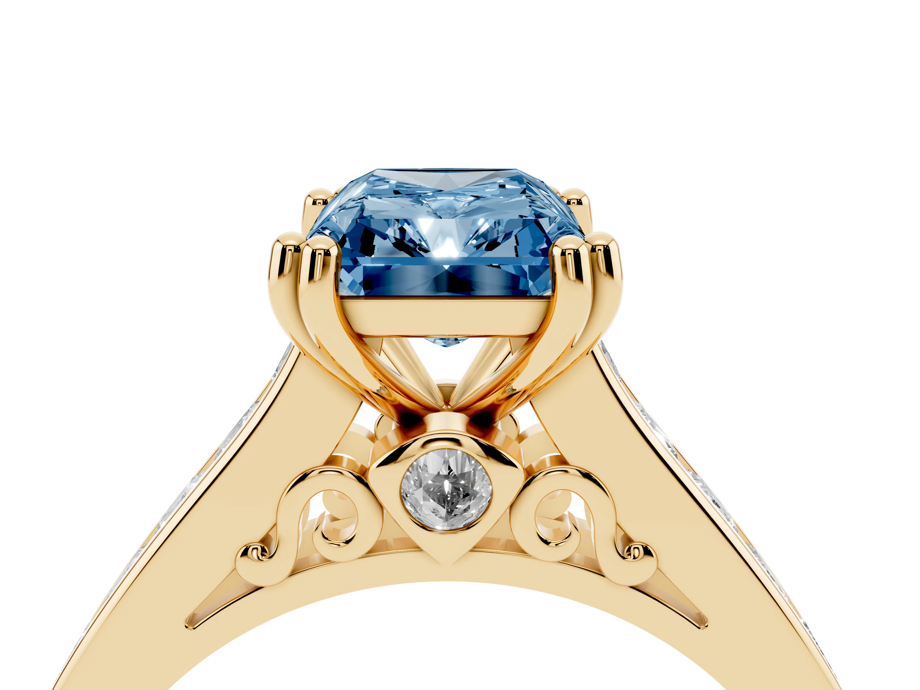 Fancy Blue Radiant Cut Diamond Channel Set Solitaire Engagement Ring Set in Yellow gold with Prong Setting