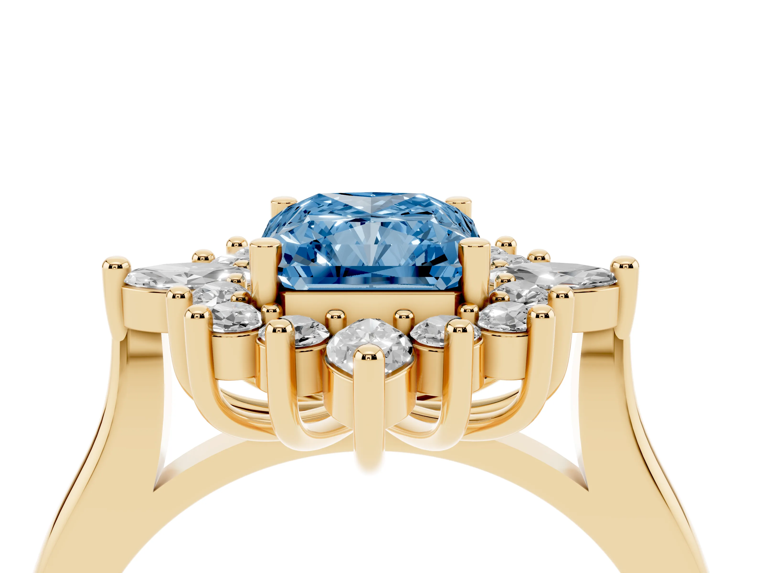 Fancy Blue Radiant Cut Diamond Cluster Halo Ring Set in Yellow gold with Marquise and Round Accents