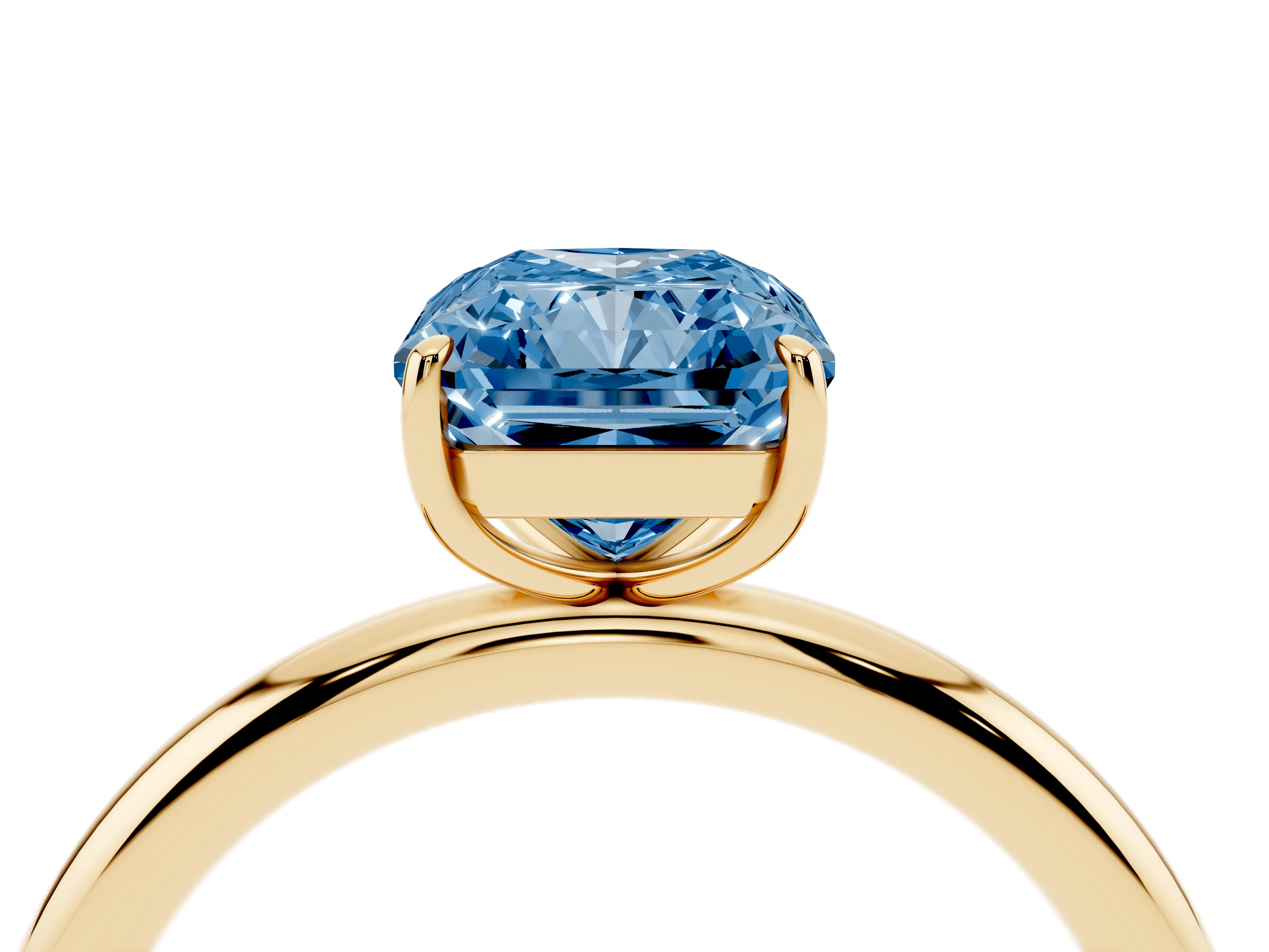 Fancy Blue Radiant Cut Diamond Solitaire Ring Set in Yellow gold with Prong Setting on a Polished Plain Band