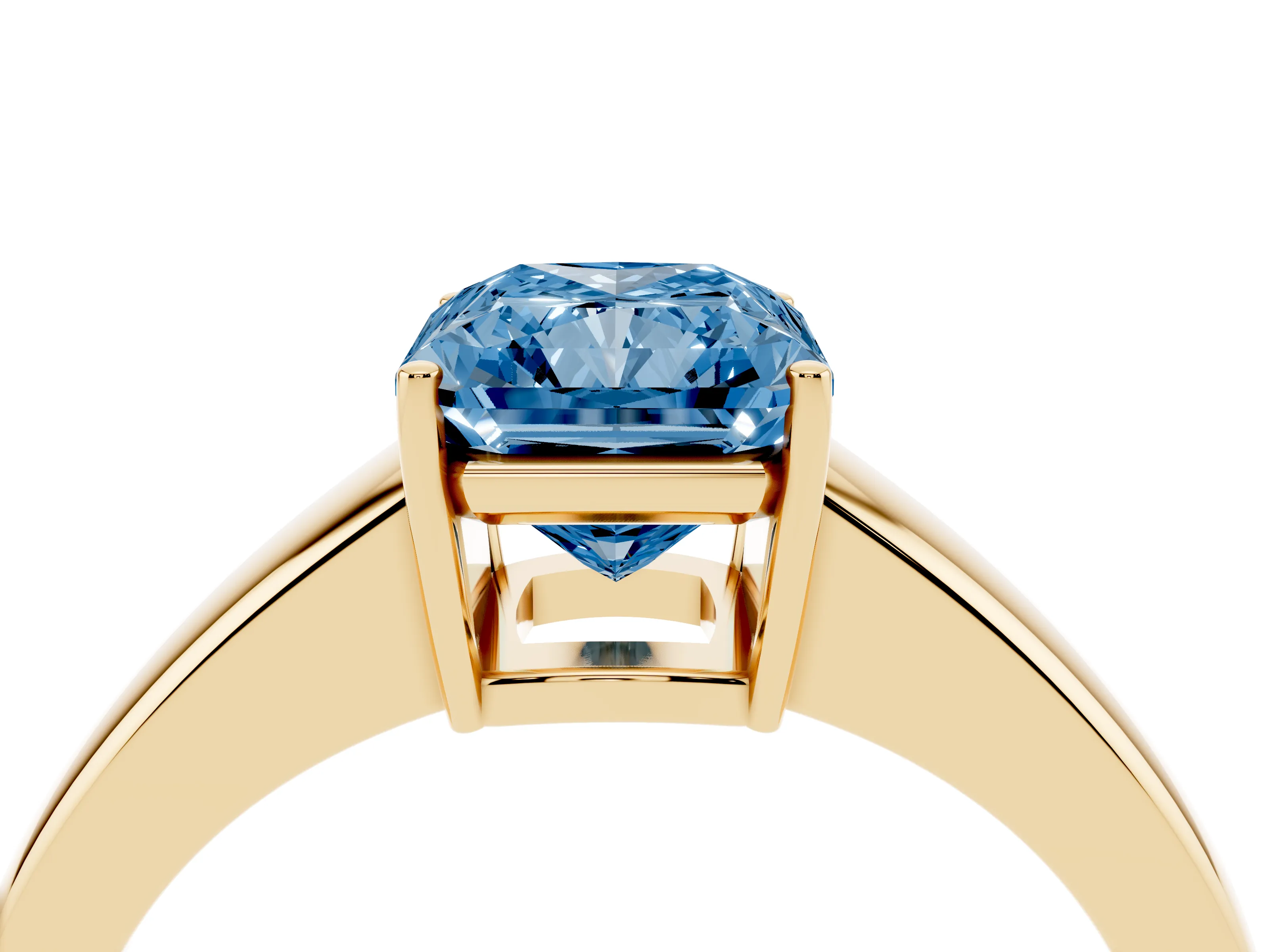 Fancy Blue Radiant Cut Diamond Solitaire Ring Set in Yellow gold with Tapered Band and Prong Setting