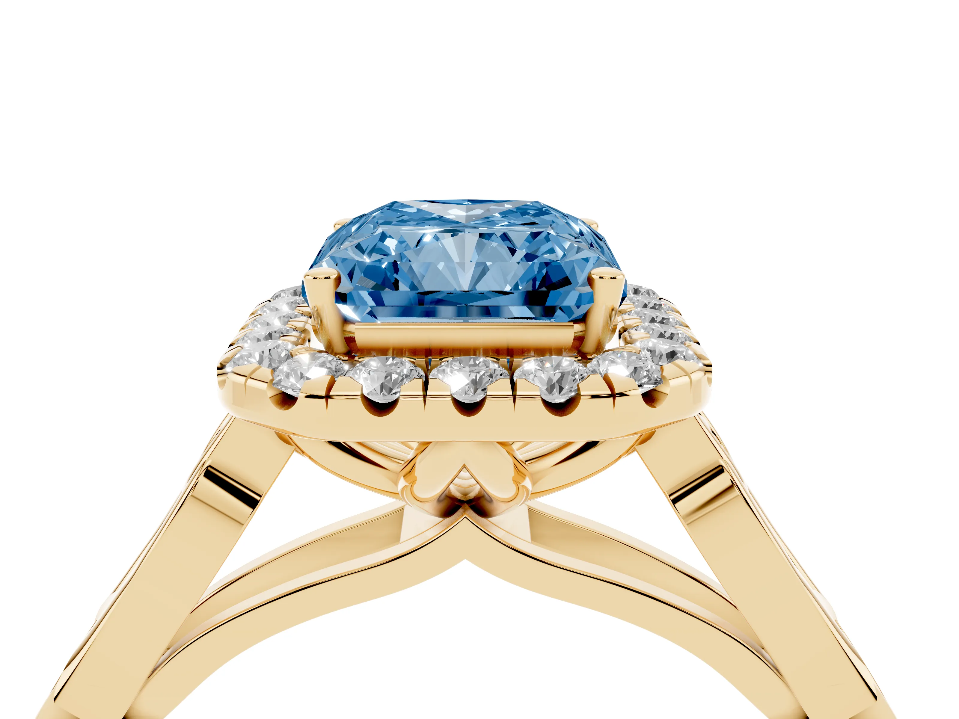Fancy Blue Radiant Cut Diamond Halo Engagement Ring Set in Yellow gold with Filigree Band and Prong-Set Center