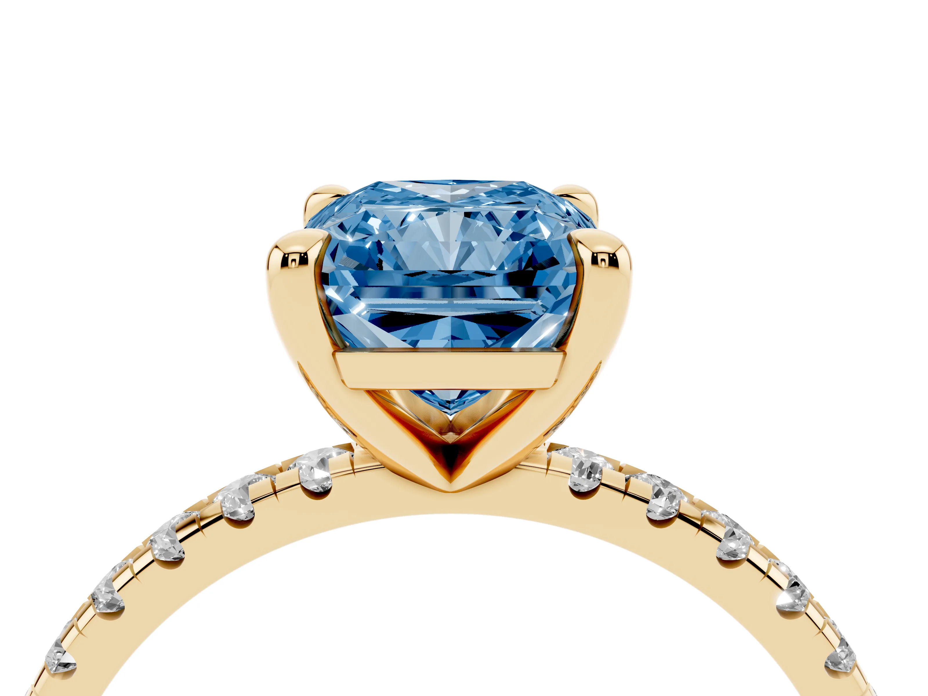 Fancy Blue Radiant Cut Diamond Brilliant Solitaire Ring Set in Yellow gold with Pavé Band and Prong Setting