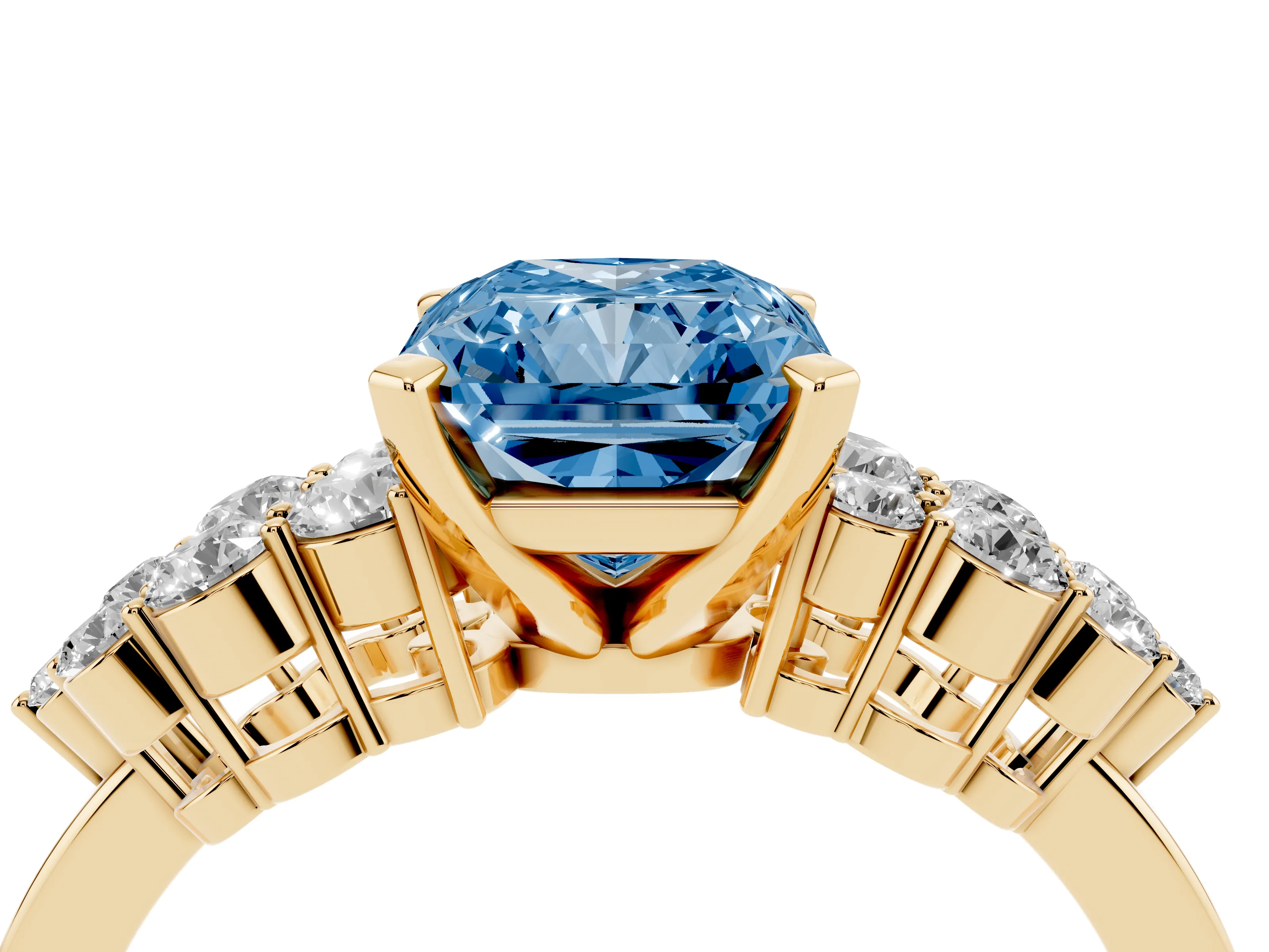 Fancy Blue Radiant Cut Diamond Cluster Engagement Ring Set in Yellow gold with Pavé Band and Prong Setting