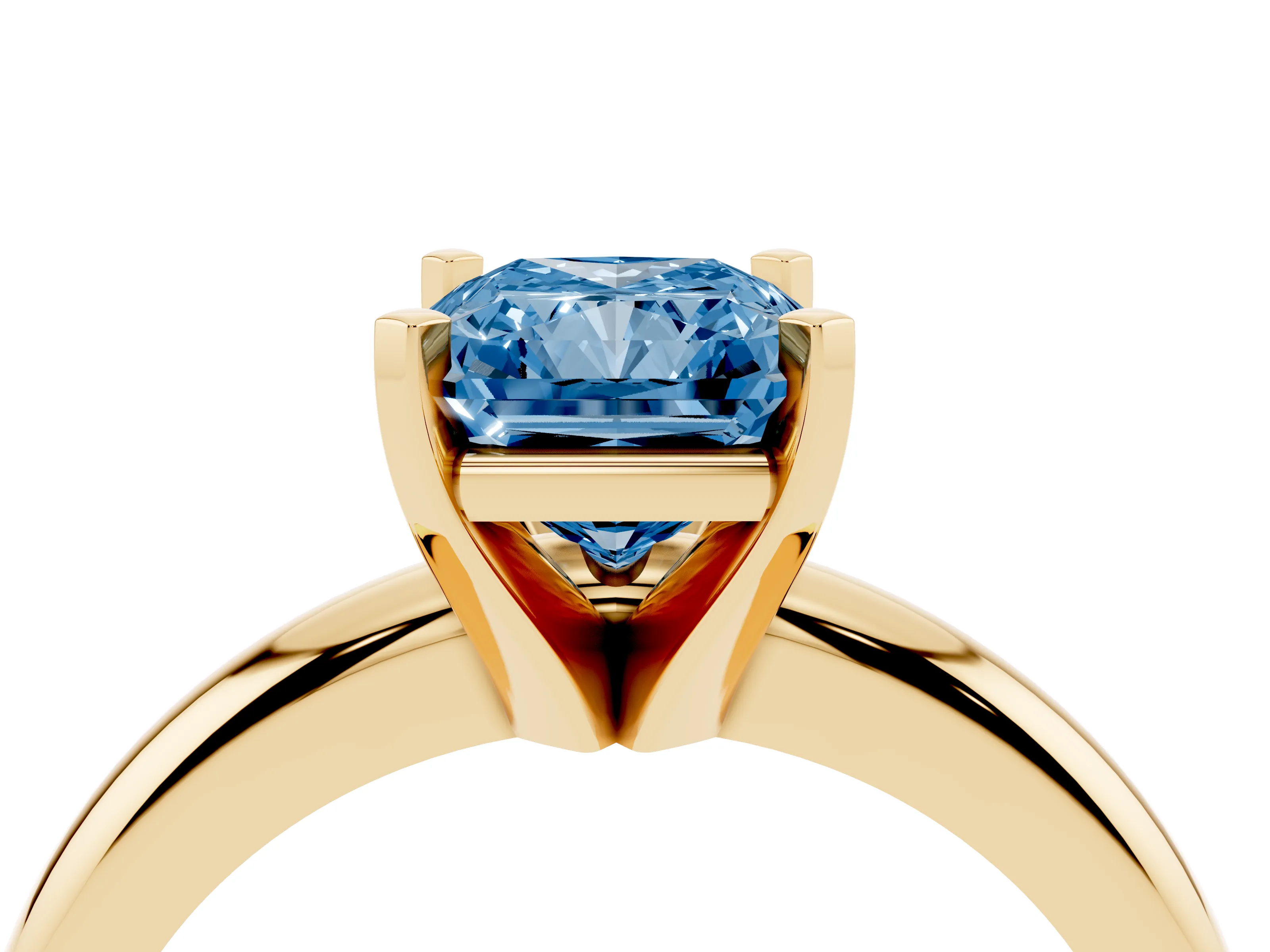 Fancy Blue Radiant Cut Diamond Solitaire Engagement Ring Set in Yellow gold with Round Band and Prong Setting