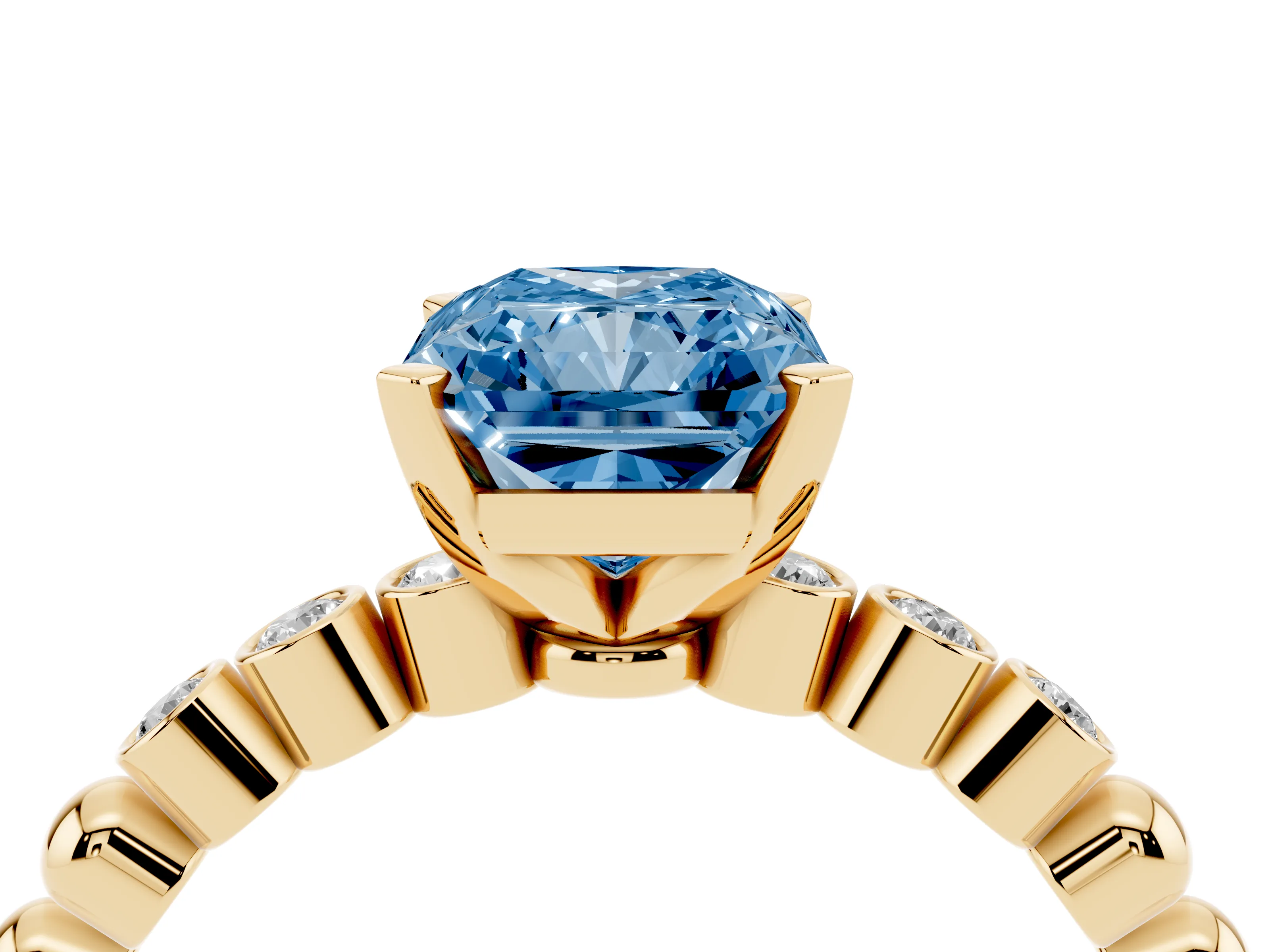 Fancy Blue Radiant Cut Diamond Solitaire Engagement Ring Set in Yellow gold with Bezel Accents on Beaded Band